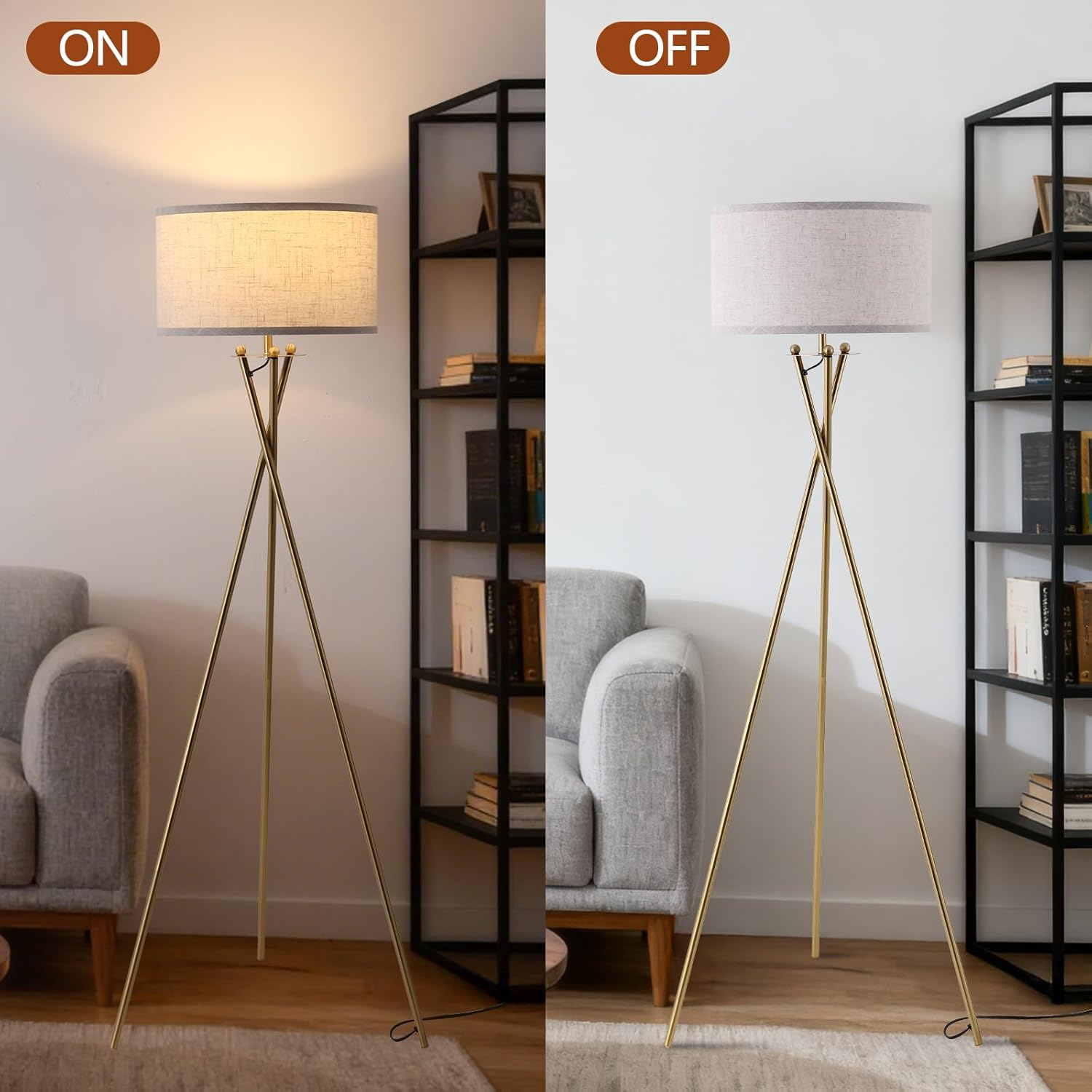 EOEYYOYB Tripod Floor Lamp with Linen Drum Shade, Modern Polished Brass Tall Floor Lamp, Reading Standing Light for Living Room Bedroom Office, Gold image number 6