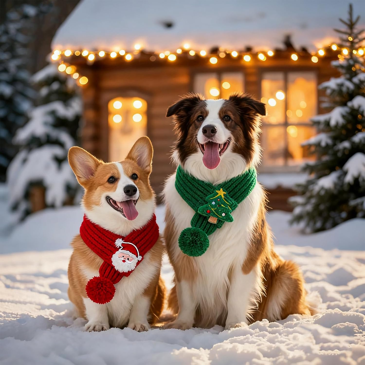 BSITSSS 2 Pieces Cat Dog Christmas Outfit, Santa Christmas Tree Cat Dog Scarf Knitted, Green and Red Pet Scarf Costume with Fuzzy Pompom for Xmas Winter Pet Puppy Kitten Costume Accessories image number 2