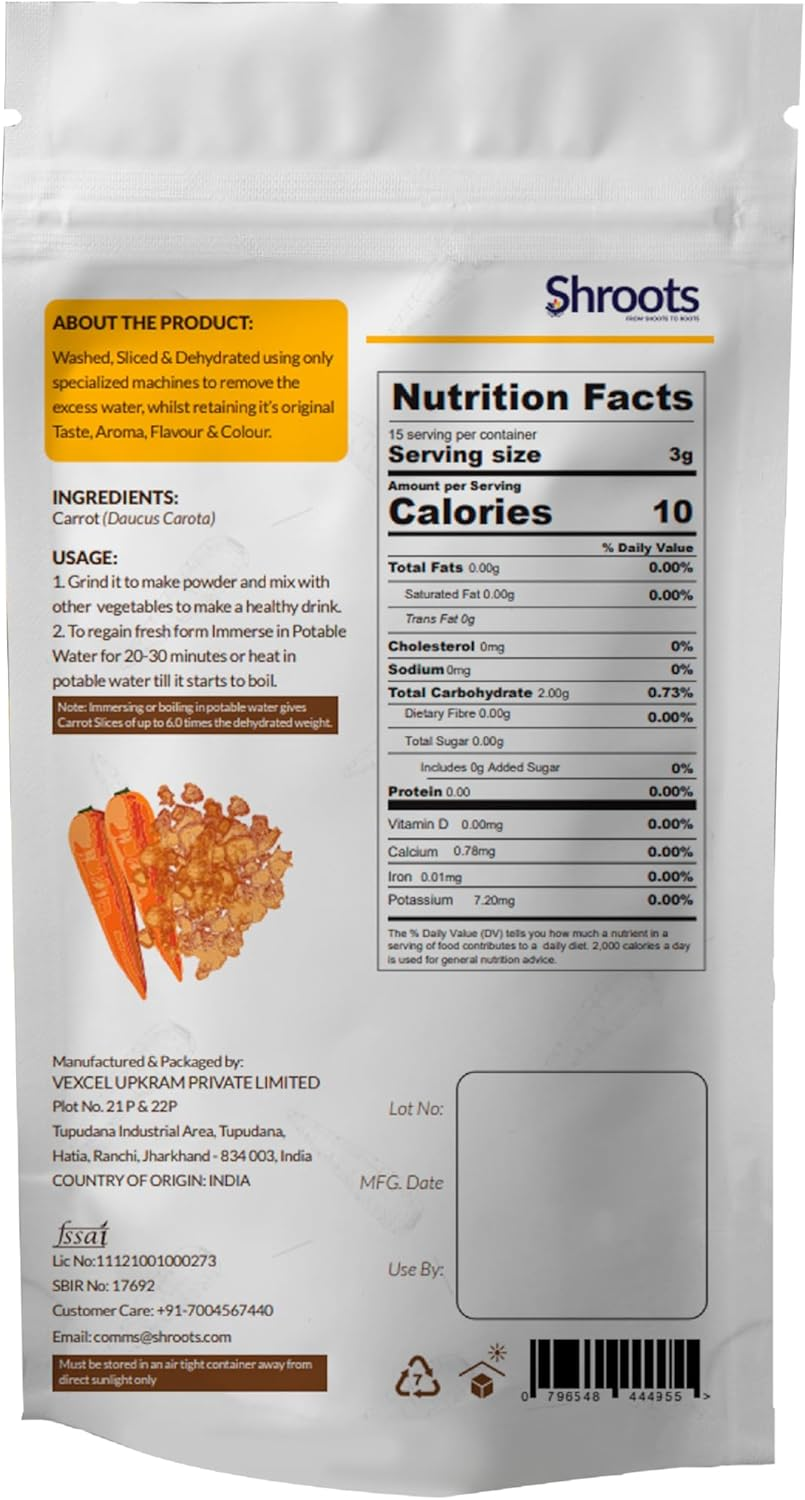 SHROOTS Dehydrated Carrot Flakes Pure Vegetarian Gluten-Free No Added Salt Easy Cooking Essential Machine Dried Vegetables with Natural Aroma Ideal for Camping or Everyday Meals 1.59 Oz, Pack of 1 image number 4