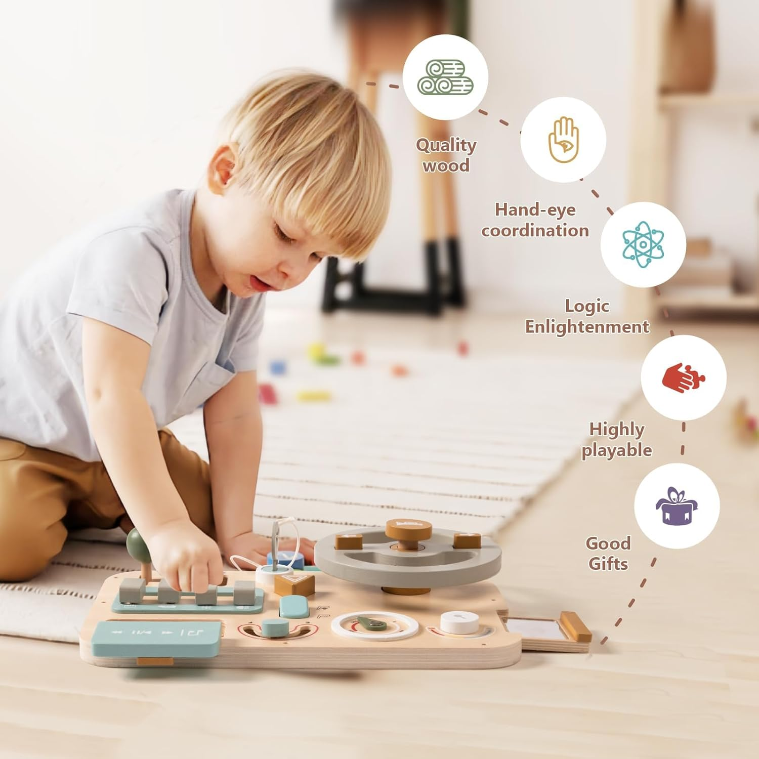 IEATFO Montessori Busy Board Wooden Sensory Toys Steering Wheel for Toddlers, Car Driving Toddler Busy Board Wooden Sensory Toys for Kids 3+ Years Old Preschool Learning Toy with Fine Motor Skills image number 2