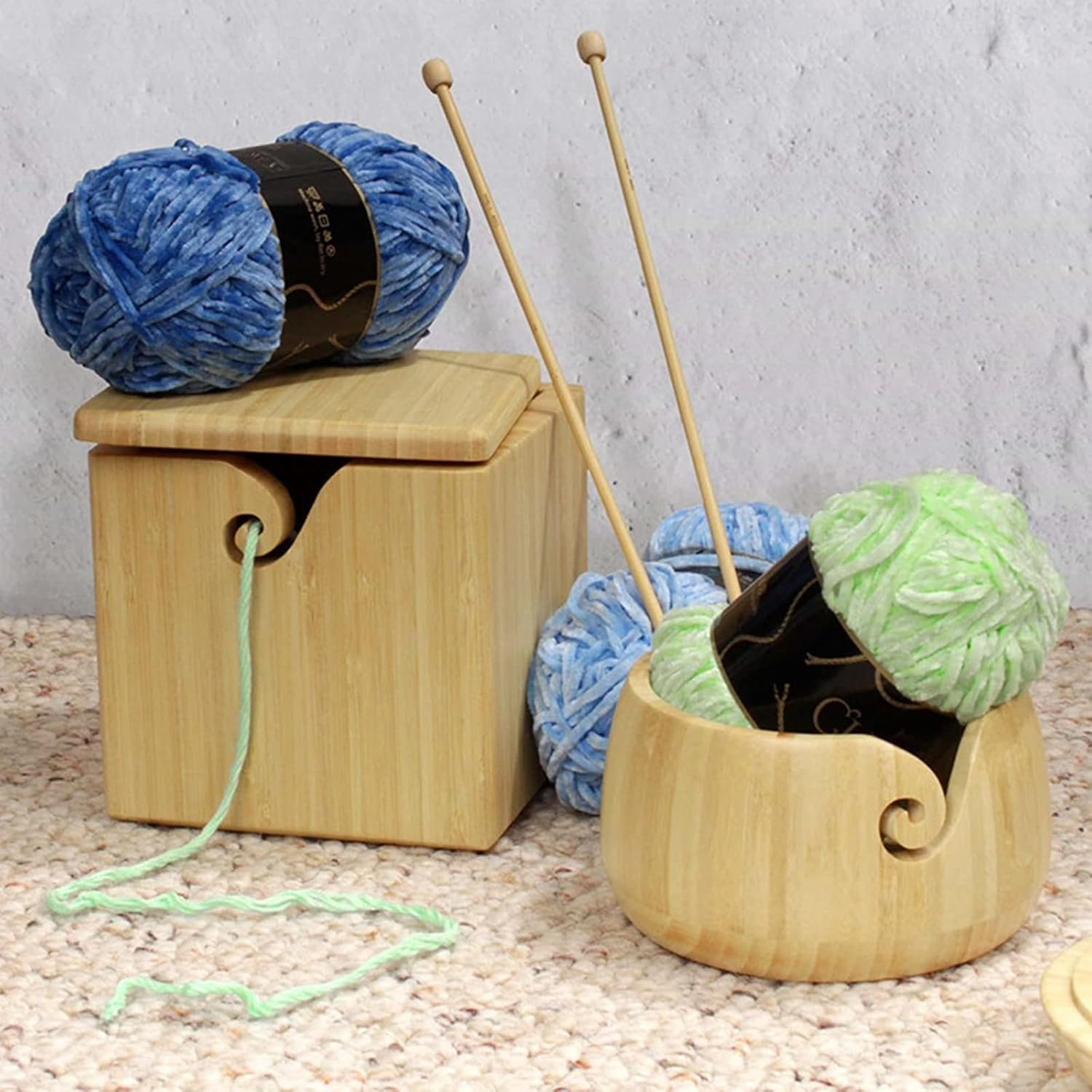 Joyeee Extra Large Bamboo Yarn Bowl with Lid, XL Knitting Box Case for Storage Big Wool Ball, DIY Wool Braid Craft, Handmade Square Cube Crochet Bowl for Wife, Mum, Grandmother 7.7 X 7.7 X7 Inch image number 2