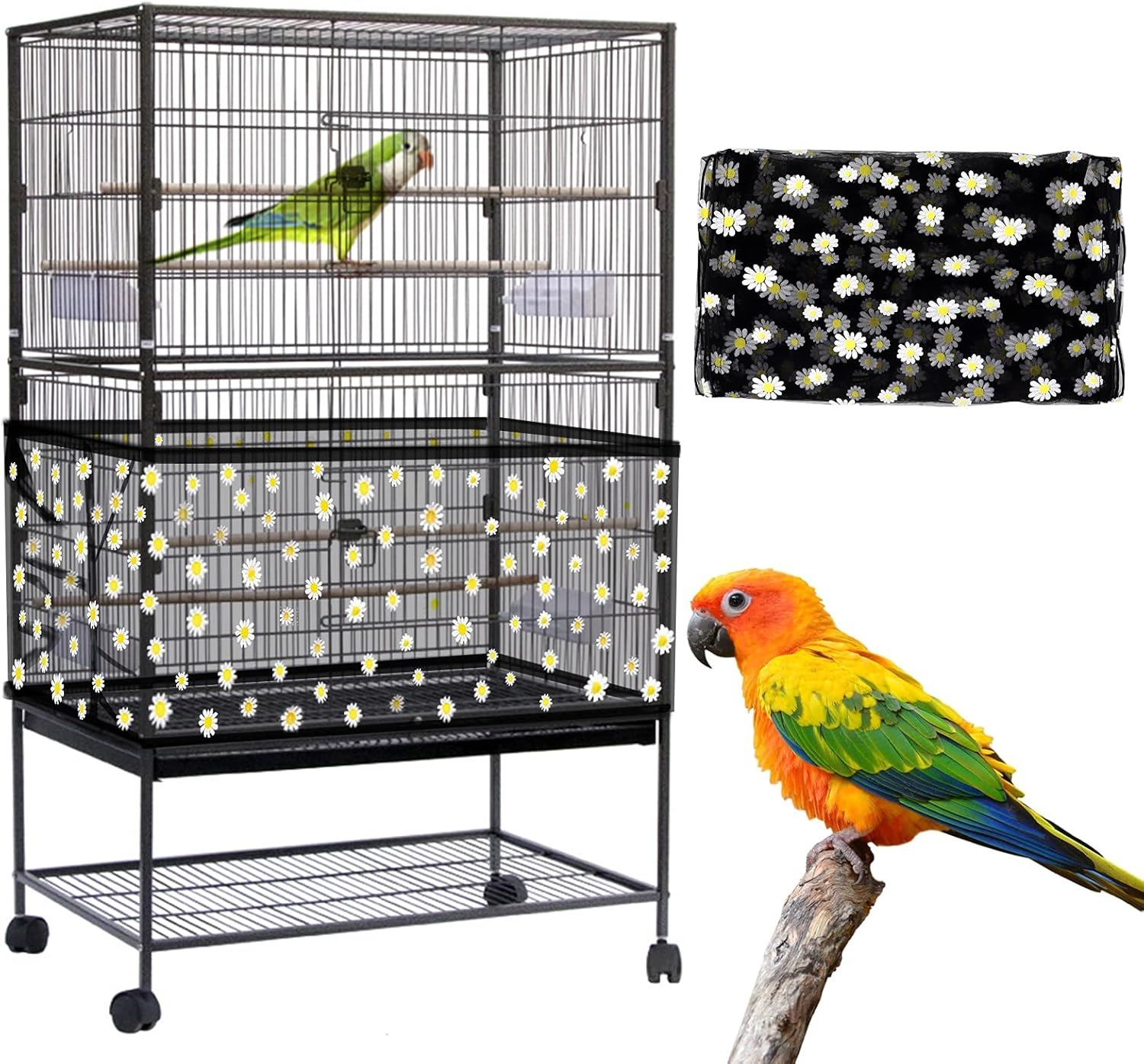 Large Bird Cage Cover, Daoeny Bird Cage Seed Catcher, Adjustable Soft Airy Nylon Mesh Net, Birdcage Cover Skirt Seed Guard for Parrot Parakeet Macaw African round Square Cages (White)