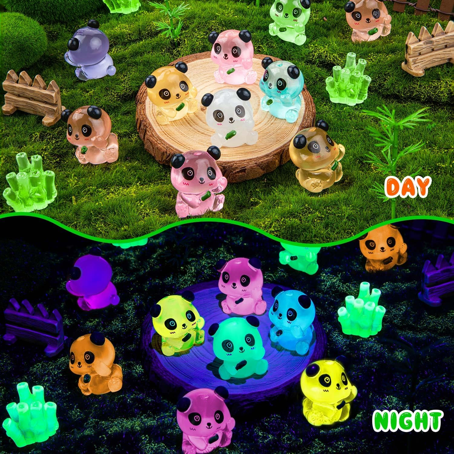 SYWHXY 20PCS Luminous Mini Resin Panda Cute Panda Figurines Miniature, Glow in the Dark Mini Panda Bamboo Bulk for Cake Topper Micro Landscape Dollhouse Garden DIY (Panda-7Colors) image number 1