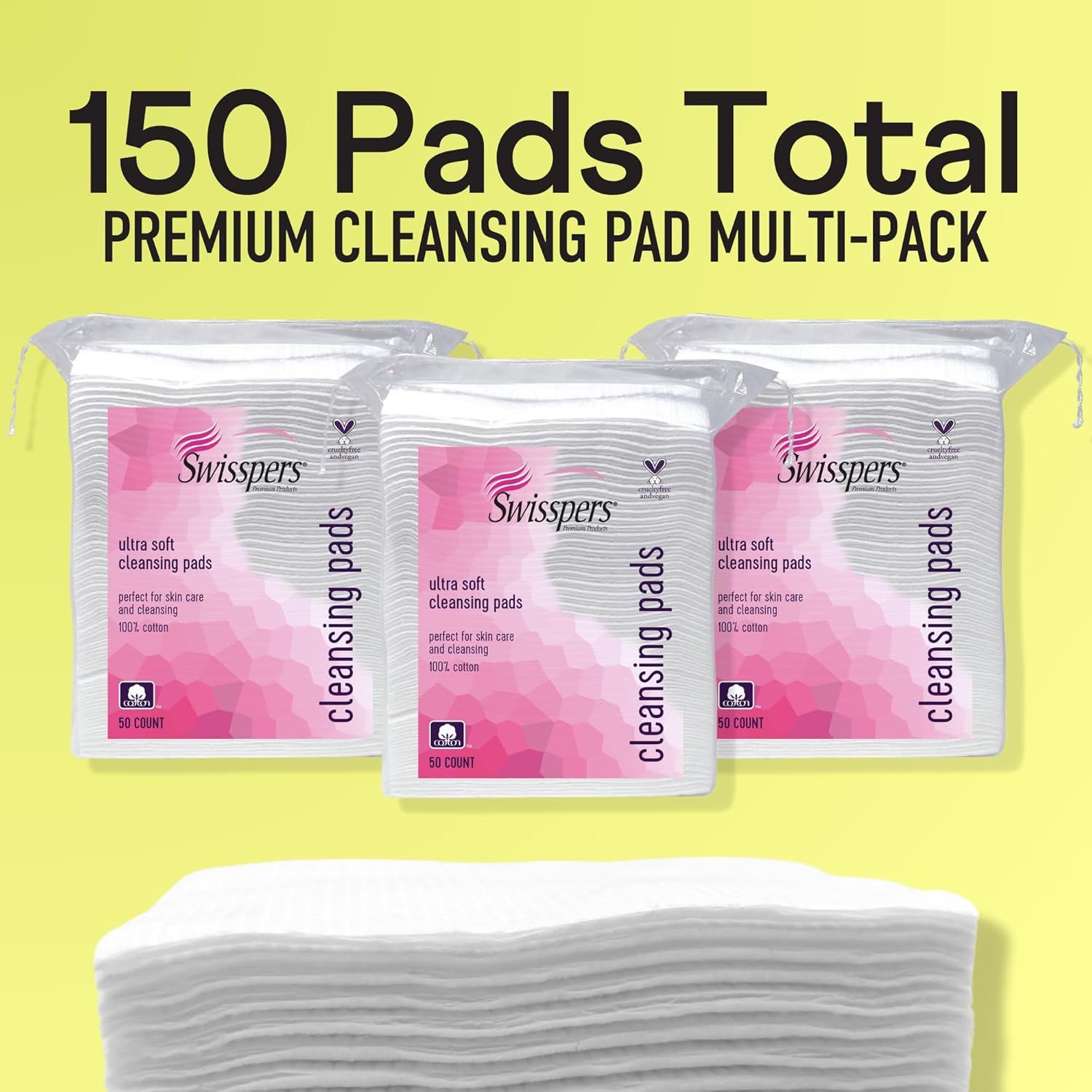 Swisspers Premium Facial Cleansing Pad, 100% Cotton, Ultra Soft, Extra Large, 50 White Pads per Reclosable Bag, 3 Bags (150 Pads Total) image number 3