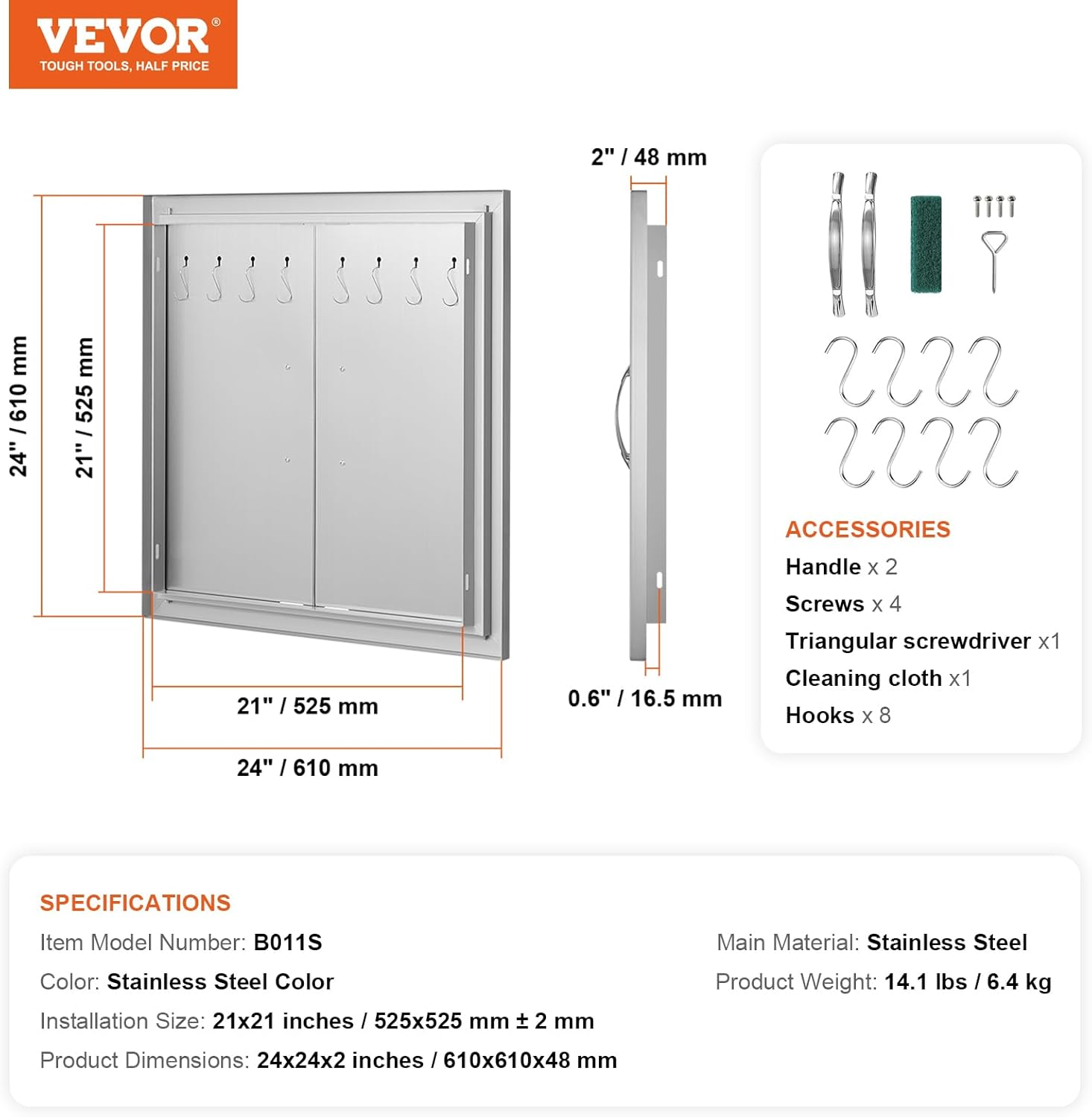 VEVOR BBQ Access Double Door, 610X610 Mm Outdoor Kitchen, Stainless Steel Flush Mount, Double Wall Vertical with Handles and Hooks, for BBQ Island, Grilling Station, outside Cabinet image number 3