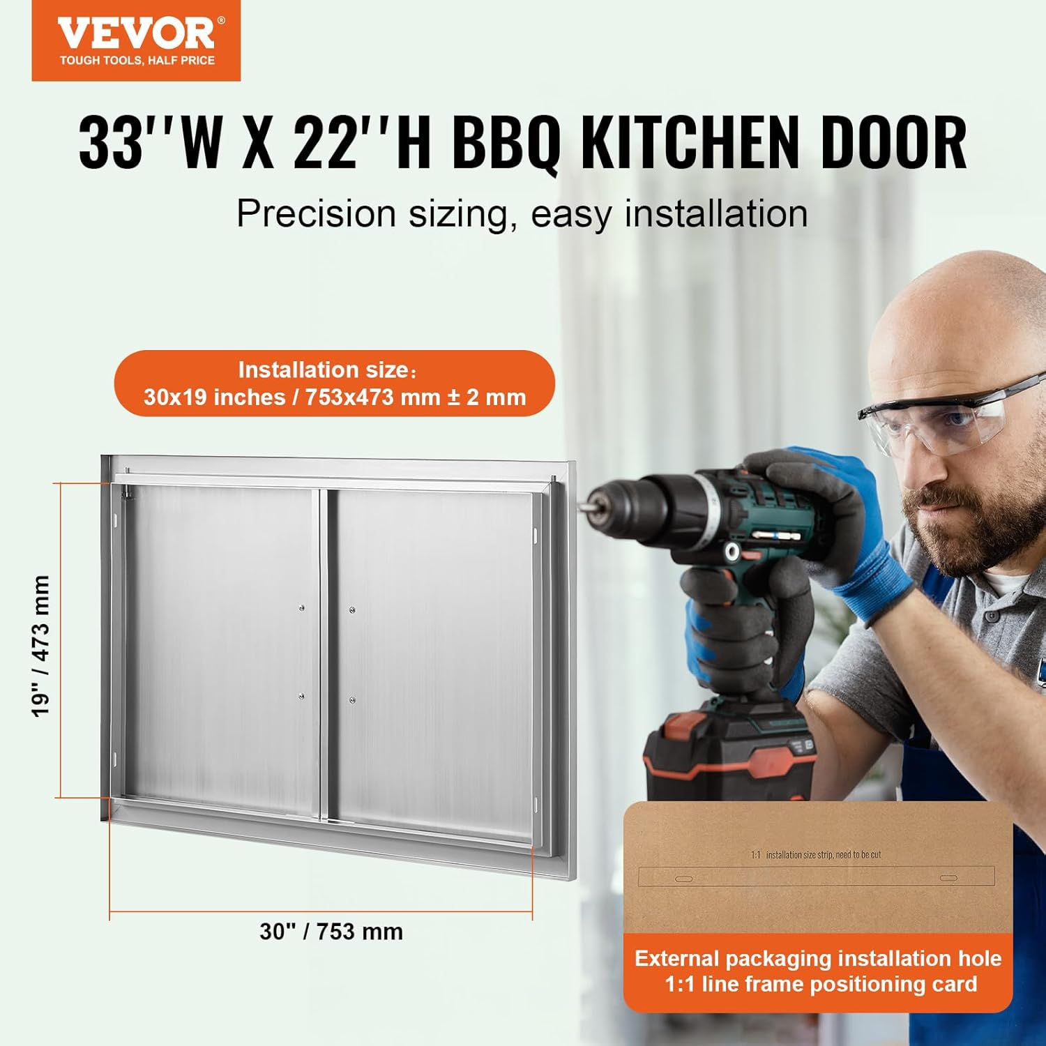VEVOR BBQ Access Door, 838X558 Mm Double Outdoor Kitchen Door, Stainless Steel Flush Mount, Wall Vertical with Handles, for BBQ Island, Grilling Station, outside Cabinet image number 3