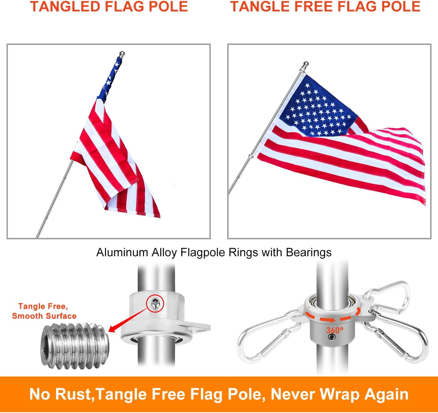 Evertoco 6FT Stainless Steel Flag Pole, Tangle Free Flag Poles for 3X5 Flags, Outdoor Flag Pole for House Yard Garden, 1Inch Diameter Flagpole with Bearing Aluminum Alloy Rings Rust Free image number 5