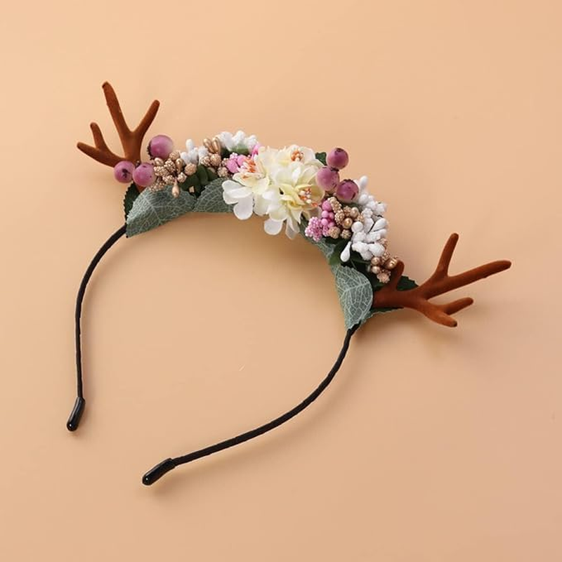 Christmas Headband Deer Antler Hair Hoop with Flowers Headpiece Headware for Girl Women Party image number 4
