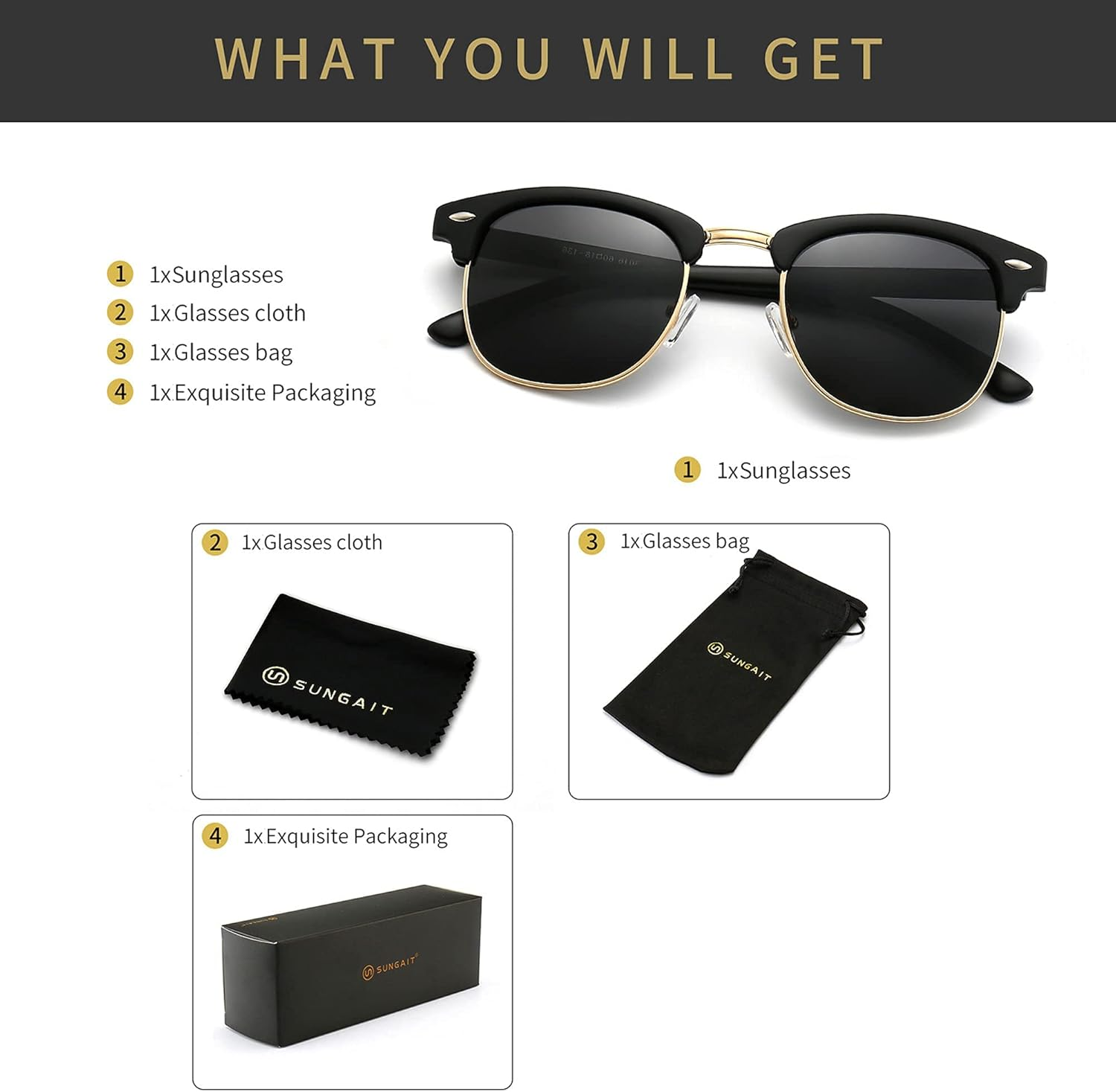 SUNGAIT 80S Sunglasses Retro Semi Rimless Clubmaster for Men Women image number 1