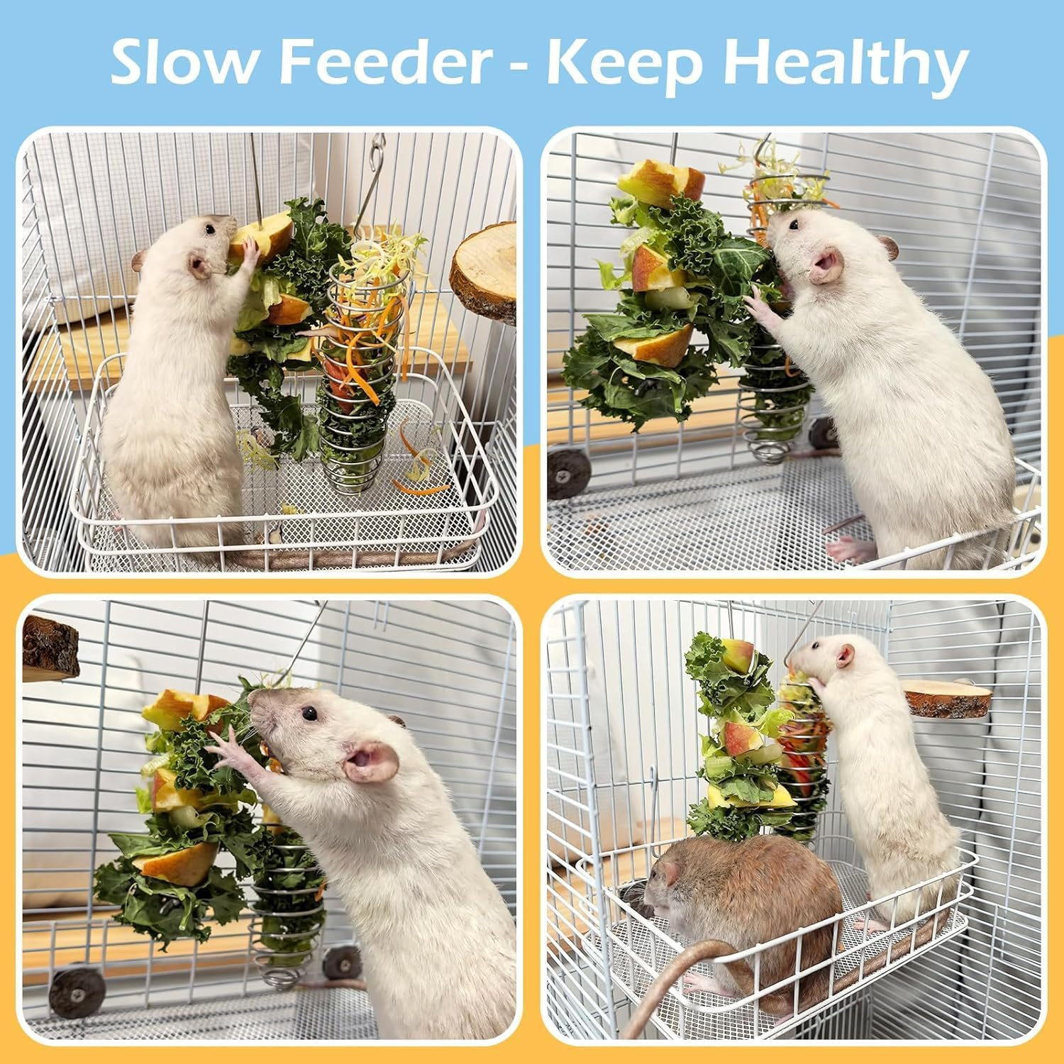 2Pcs Rat Enrichment Toys, 304 Stainless Steel Rat Foraging Toy for Fruit Vegetable Holder, Fancy Mice Cage Accessories Puzzle Toy, Hanging Rodent Toys Slow Feeder, Bird Foraging for Parakeet image number 5