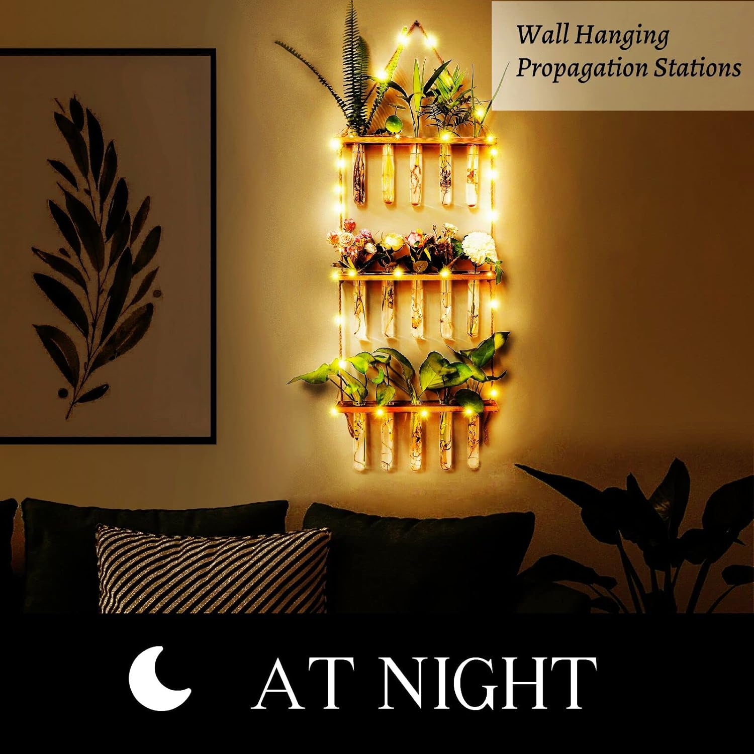 MYFINCA Propagation Stations Wall Hanging Planter Terrarium with LED Lights & Wooden Stand Propogation Planters Glass Tube Vase for Hydroponic Plant Cutting Flower, Home Decor (3Tier 16Tubes) image number 6