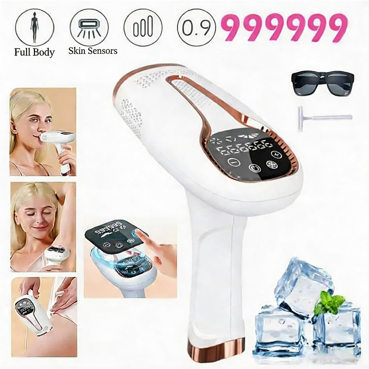IPL Laser Hair Removal Device Ice Cooling Care at Home for Women & Men-2 Modes Permanent Hair Remover for Facial, Legs, Arms, Bikini Line & Full Body | Includes Razor & Protective Glasses (White Ice Cooling with 9 Level)