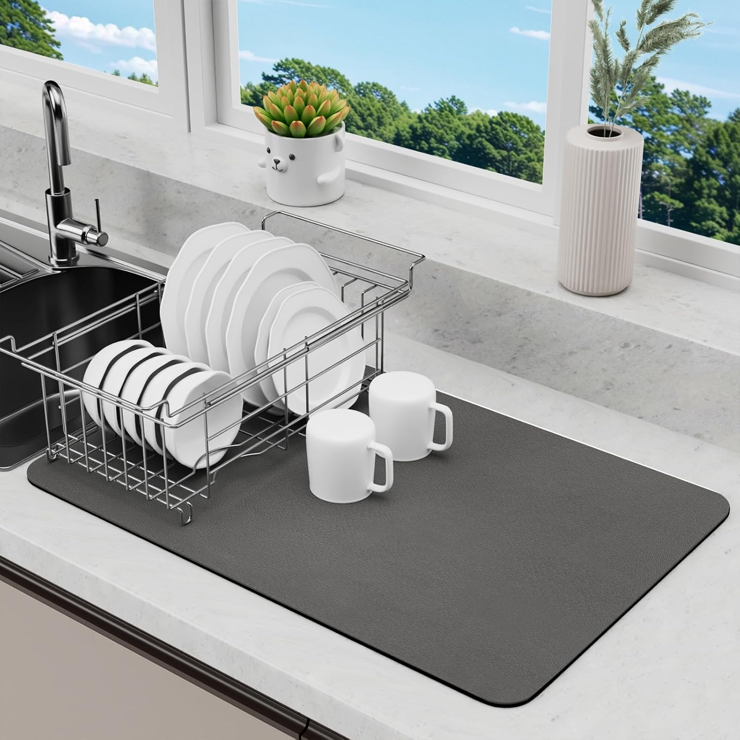 Dish Drying Mat for Kitchen Counter, Dish Drying Pad with Non-Slip Rubber Backed, Hide Stain anti Absorbent for Kitchen Counter (Grey, 60 X 40 Cm)