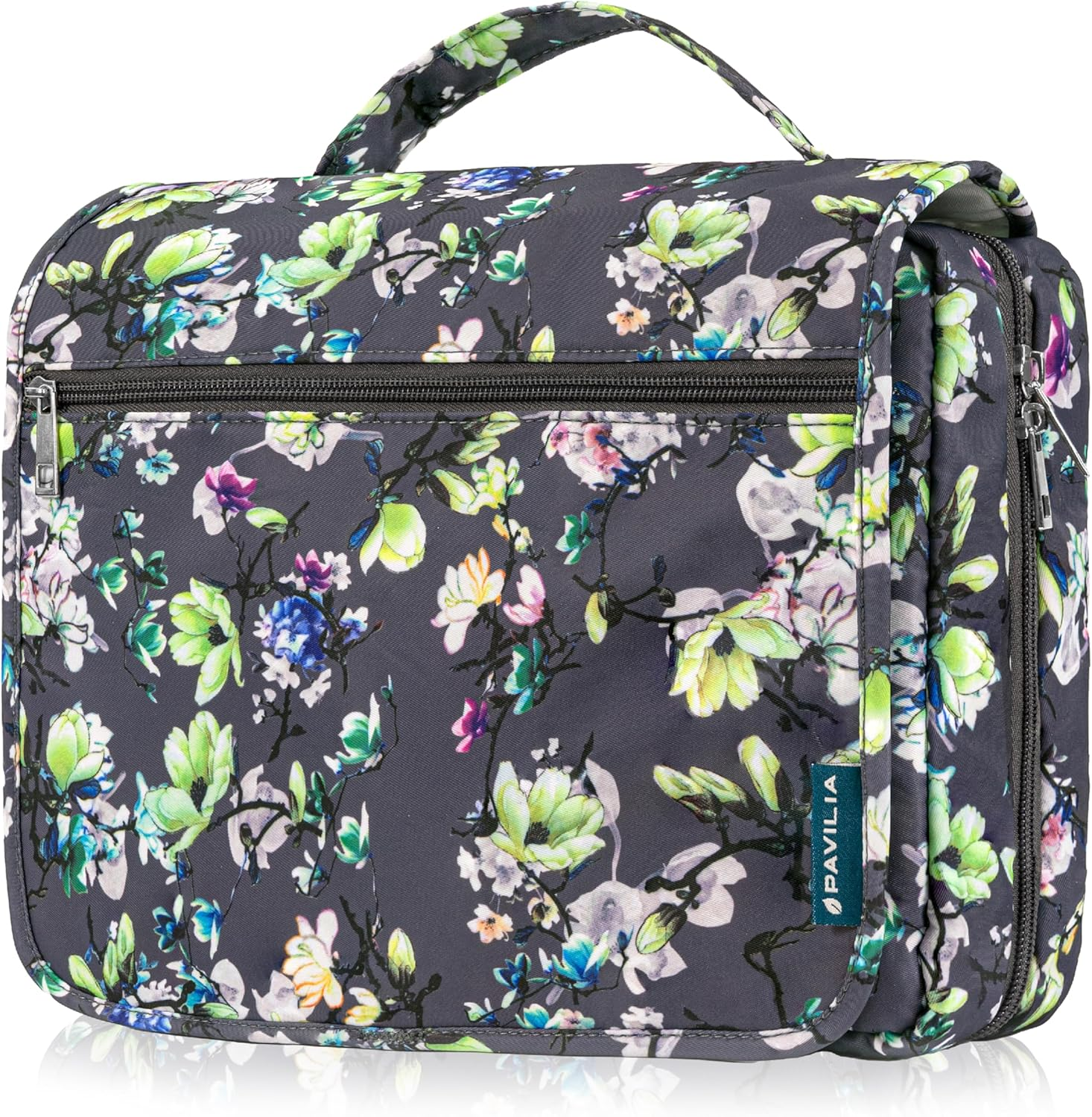 PAVILIA Hanging Toiletry Bag Women Men, Foldable Cosmetic Organizer Travel Bag, Water Resistant Makeup Bag Toiletries, Large Travel Essentials Kit, Teal Chevron, Large, Classic