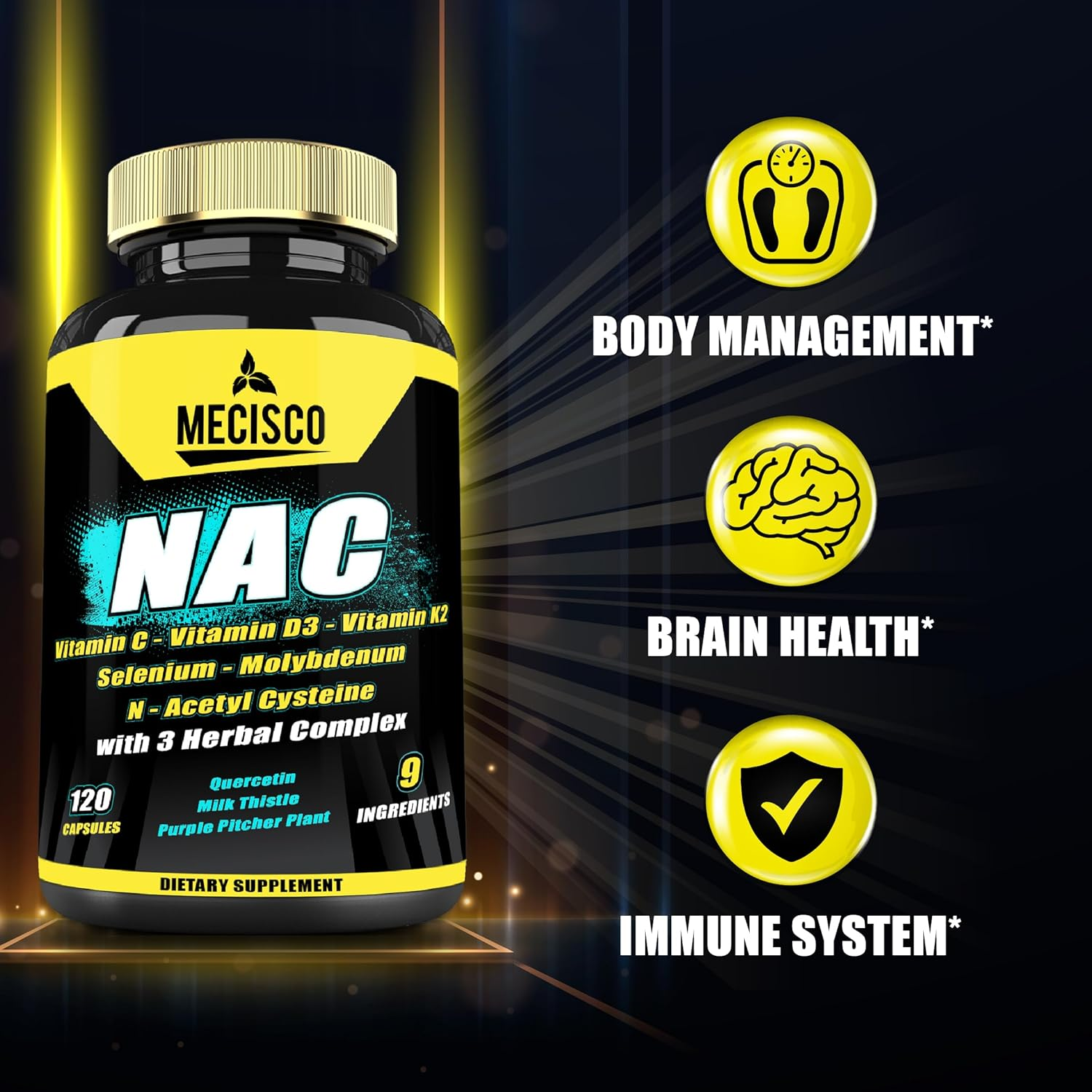 9In1 NAC (Nac N-Acetyl L-Cysteine) Supplement 14050Mg - 120 Capsules - Quercetin, Milk Thistle, Purple Pitcher Plant & More - Support Immune System, Body Management & Brain Health - 2-Month Supply