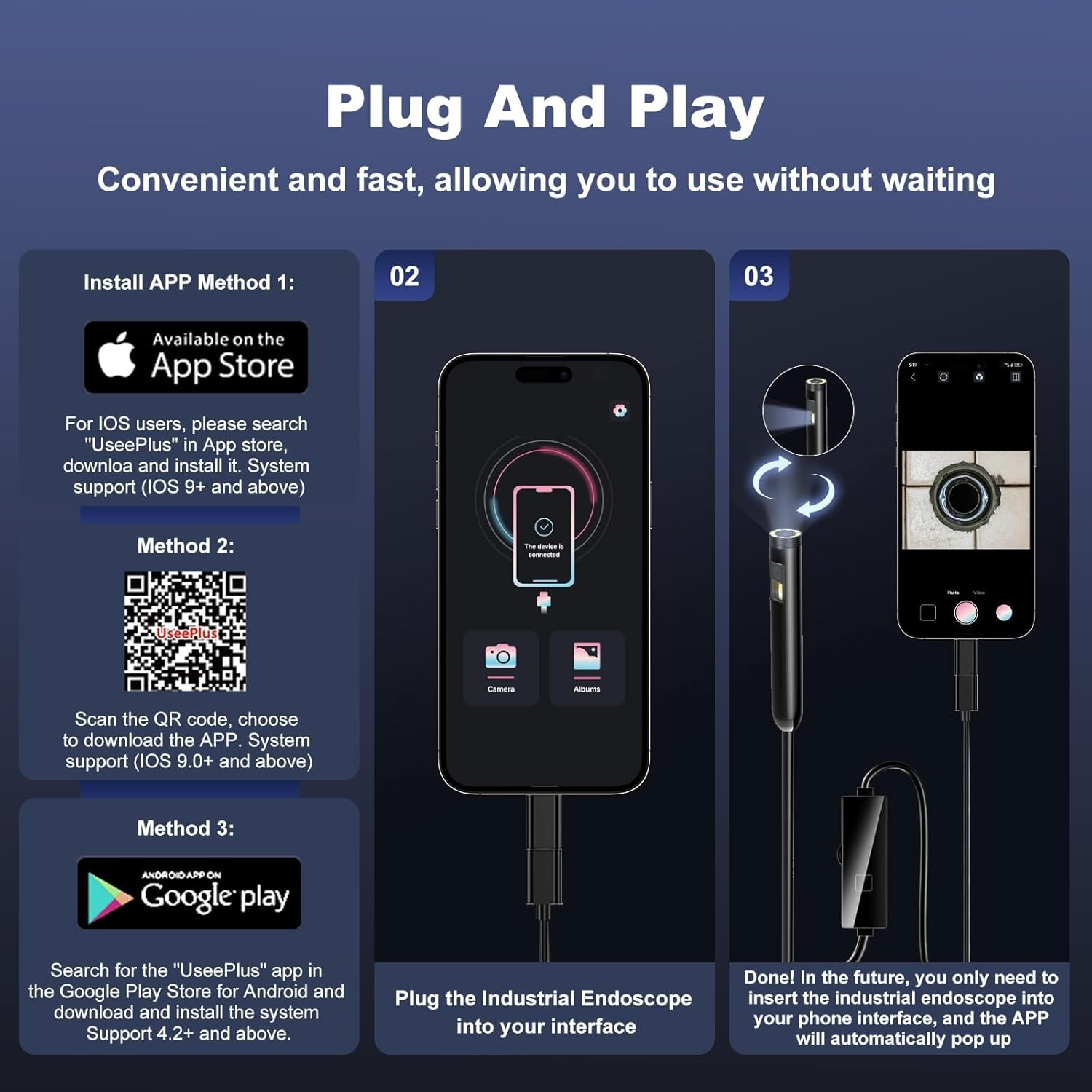 [Dual-Lens] Endoscope Camera with Light, 1920P Borescope Inspection Camera with 8+1 Adjustable LED Lights, Semi-Rigid Snake Cable 16.5FT, IP67 Waterproof for Iphone, Ipad, Samsung,Cool Gadgets for Men image number 3