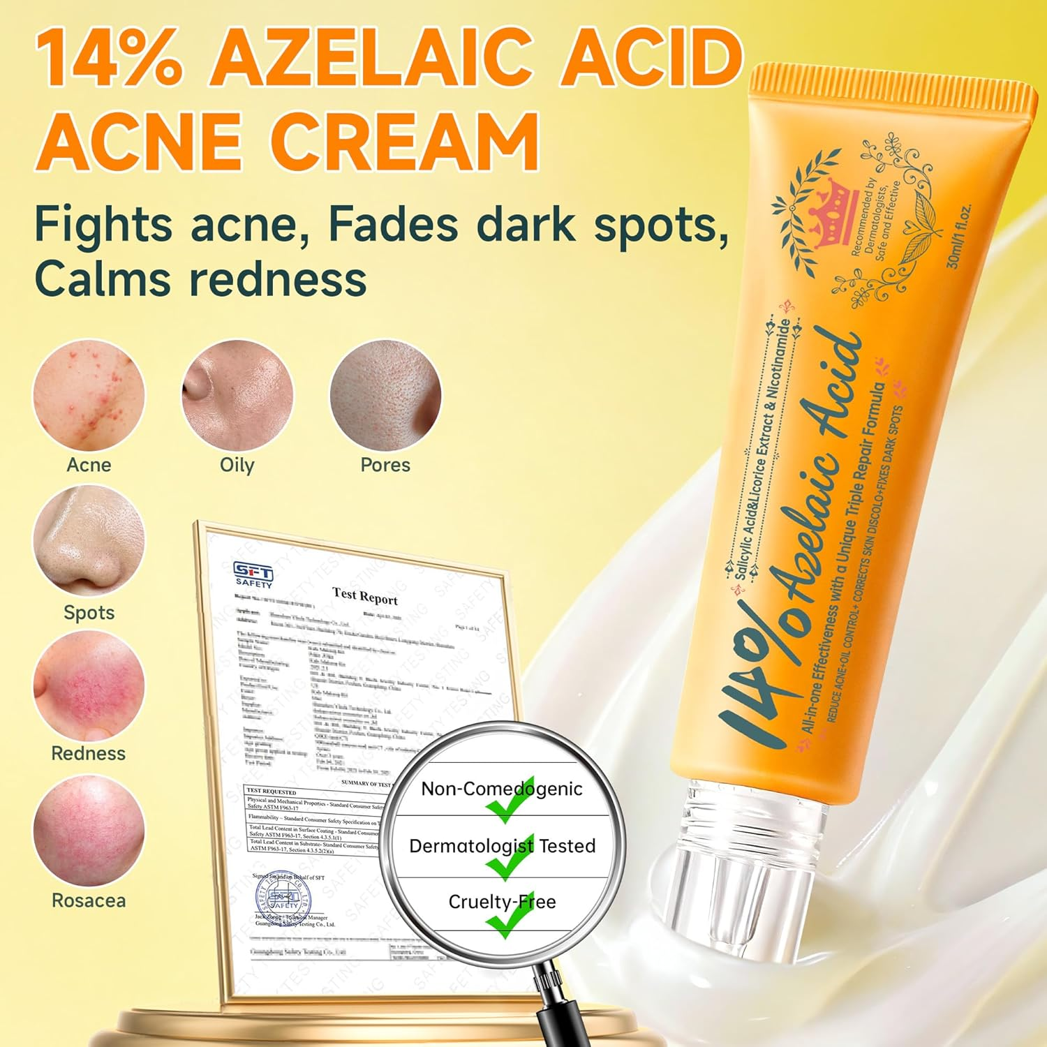 Azelaic Acid 14% Serum for Face, Azelaic Acid Cream with Niacinamide & Salicylic Acid, Balances Oil and Hydration,Improves Skin Clarity,Strengthens Skin Barrier,60Ml,2Pcs image number 2