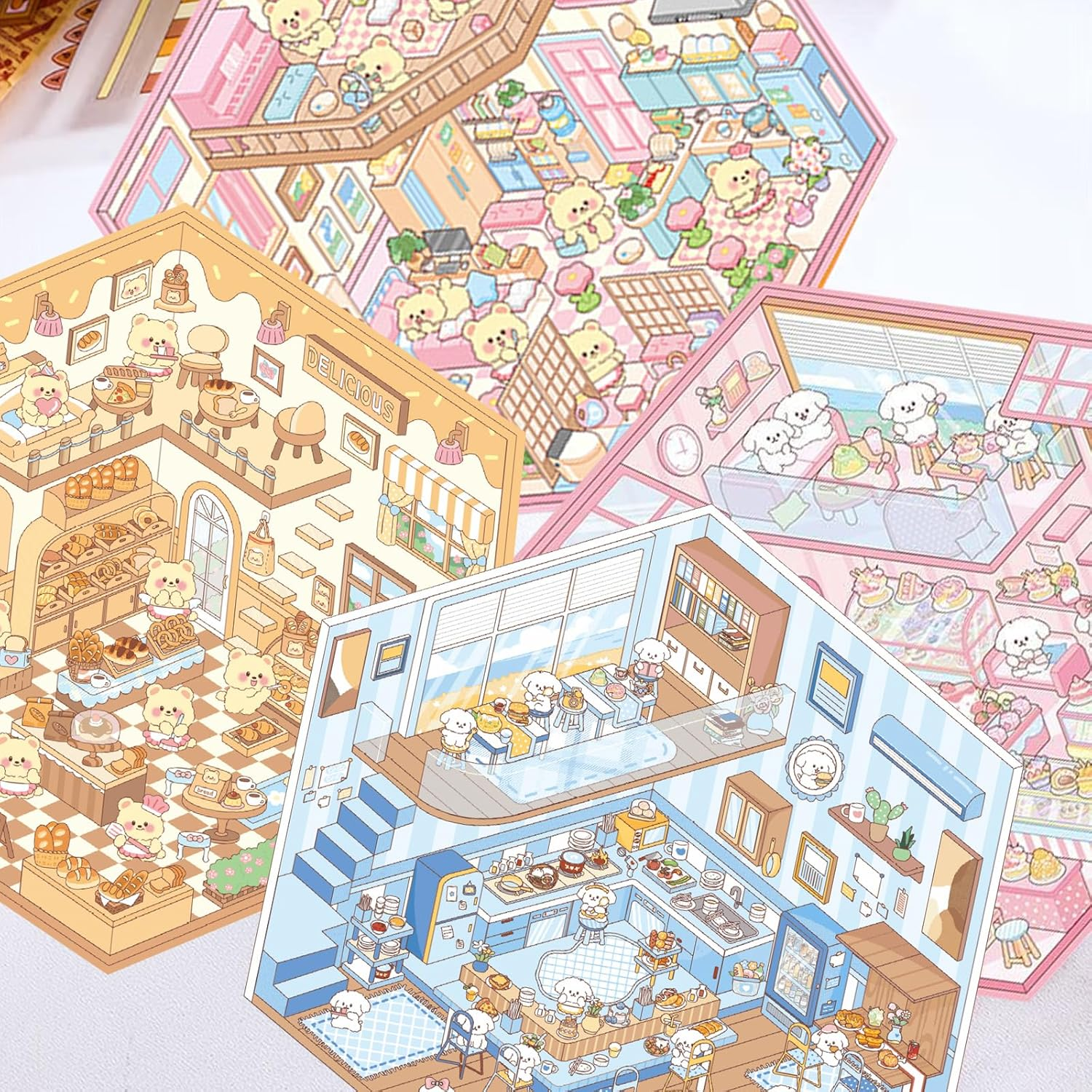 3D House Scene Stickers 8 Sets with 2 Metal Tweezers - DIY Mini Shop & Home Sticker Scenes for Kids & Adults, Cute Cartoon Animal Stickers for Stress Relief & Creativity image number 2