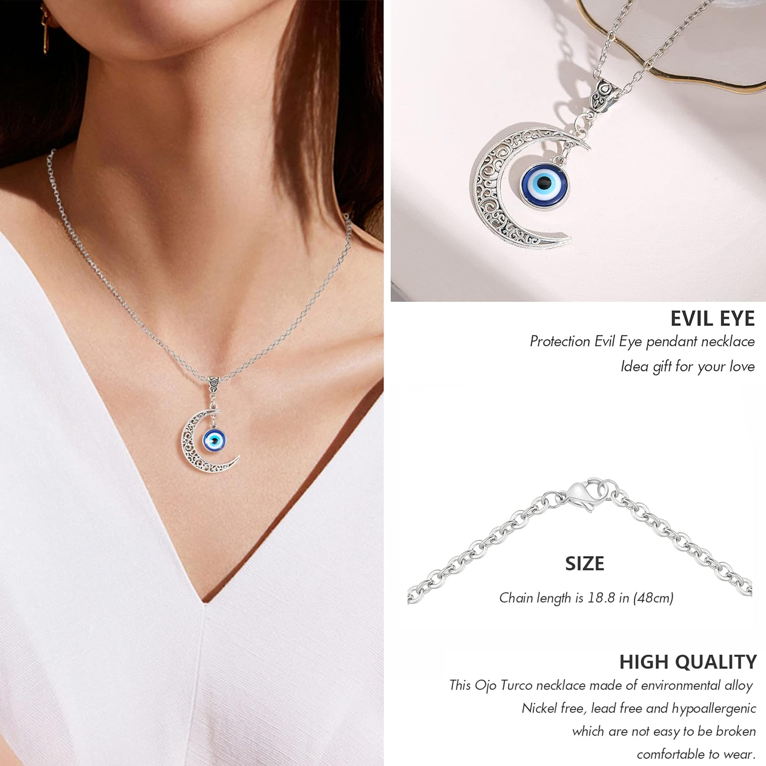 VIBILIA Evil Eye Necklace Sun Pendant Turkish Blue Eye Protection Lucky Necklaces Jewelry Gifts for Men Women (Sun) - Silver - 06-Moon-Silver image number 3