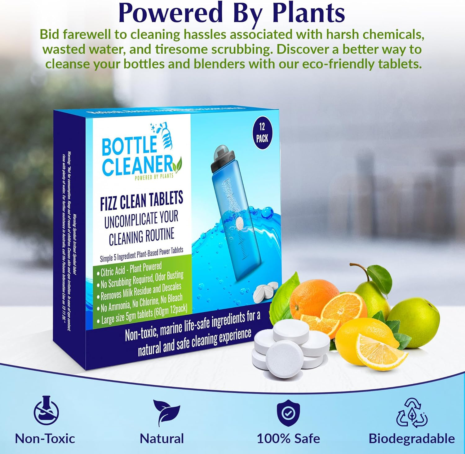 Bottle Cleaning Tablets | Pack of 12 (Large) - Effortless Stain & Odor Removal | Non-Toxic, Biodegradable, and Chemical-Free | Miles Kay