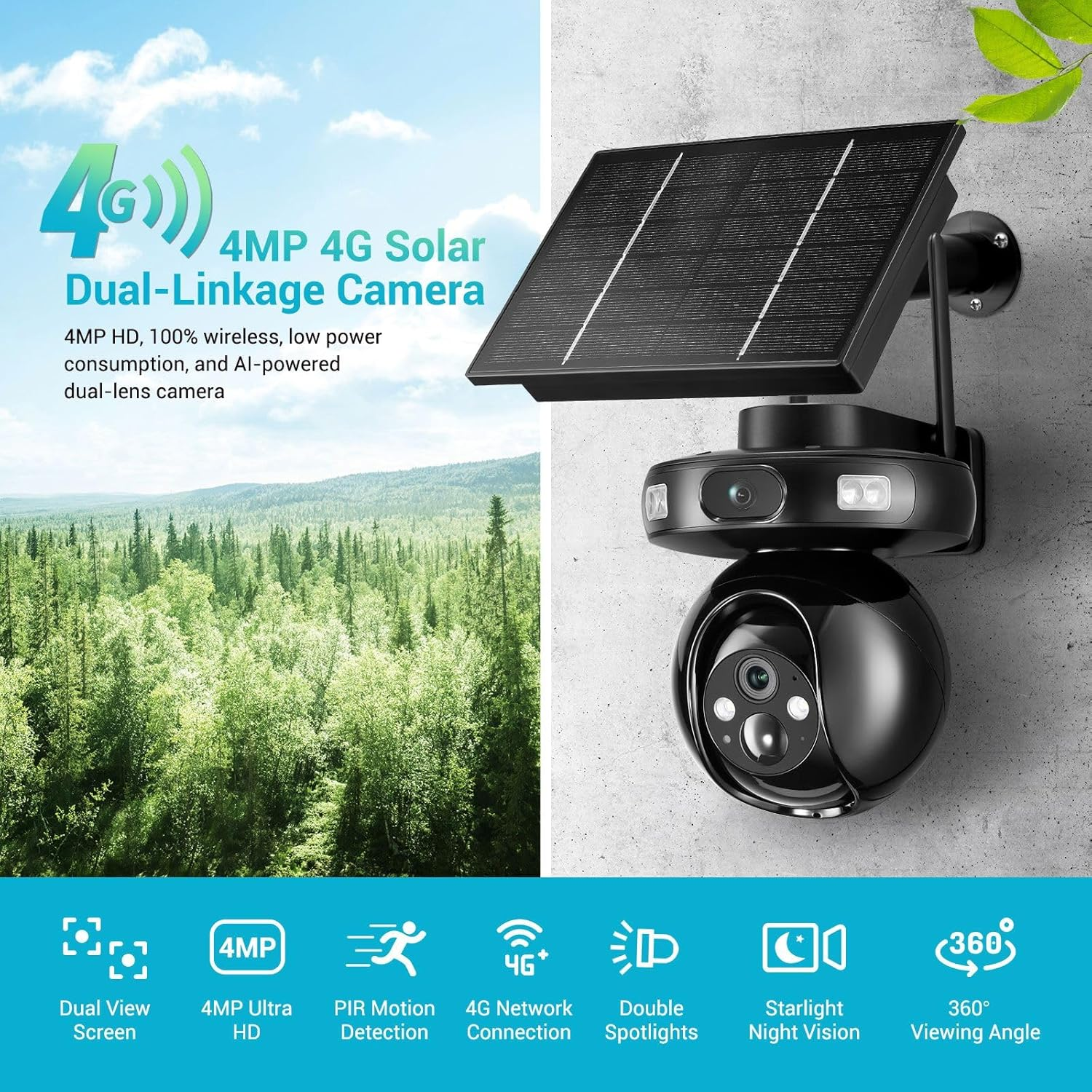 4G Home Security Camera Solar Powered Wireless CCTV Outdoor House Surveillance LTE Cellular Spy System with Dual Lens 4MP PTZ Motion Sensor Batteries image number 6