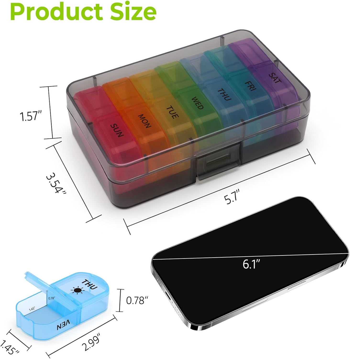 Opret Pill Organiser 7 Day, Weekly Pill Box 2 Times a Day for AM PM, Travel Tablet Organiser with 14 Large Compartments, for Vitamins Supplements Medication (Rainbow) image number 5