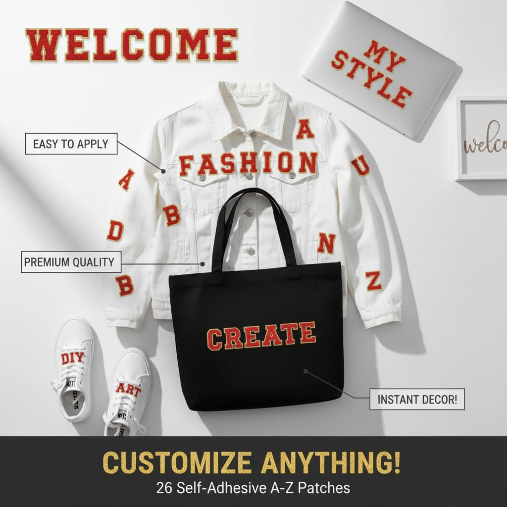 26Pcs Chenille Letter Patches A-Z for DIY Clothing, Fabric, Shoes, Bags &ndash; Self-Adhesive Decorative Iron-On Patches with Gold Trim, Premium Quality (Red)&ndash; Ruibex image number 2