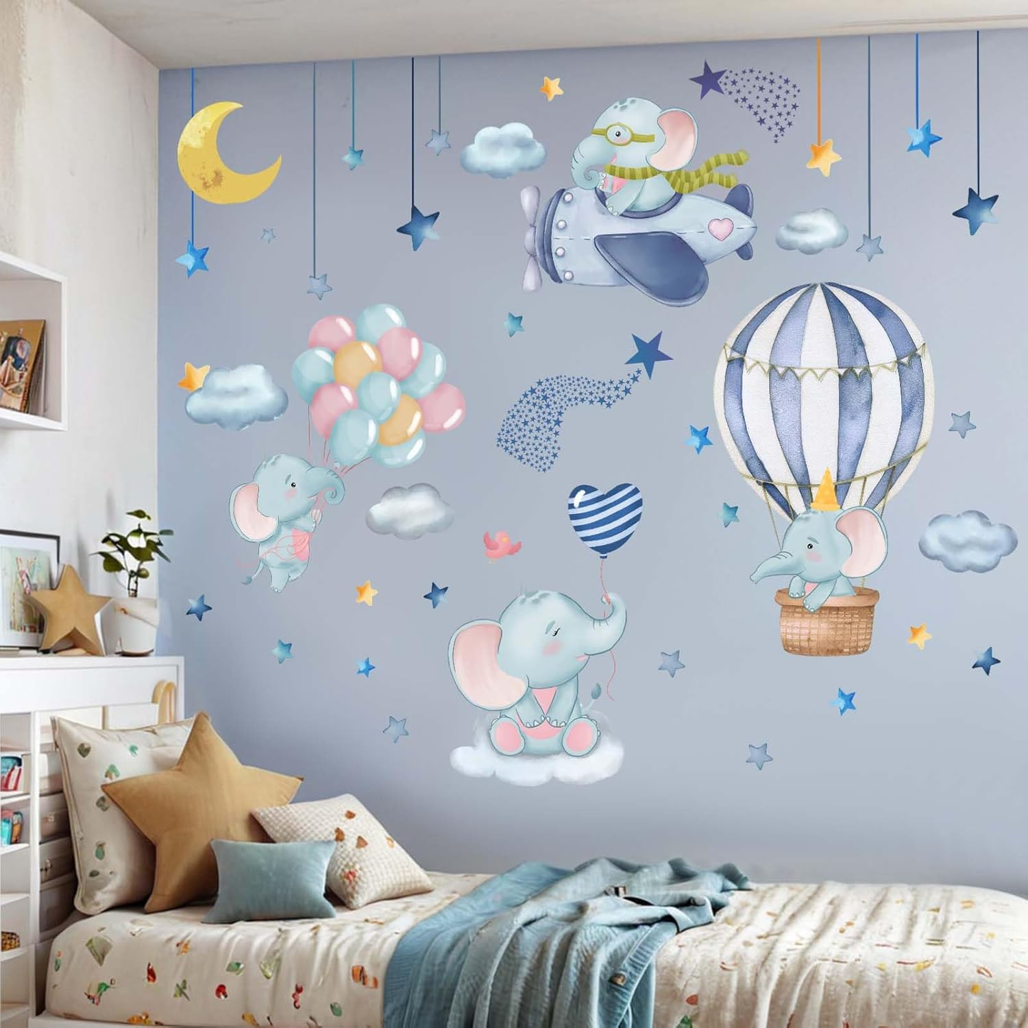 Hot Air Balloon Elephant Wall Stickers - Airplane Animals Wall Decals - Girls Bedroom Baby Nursery Kids Room Wall Decor image number 5
