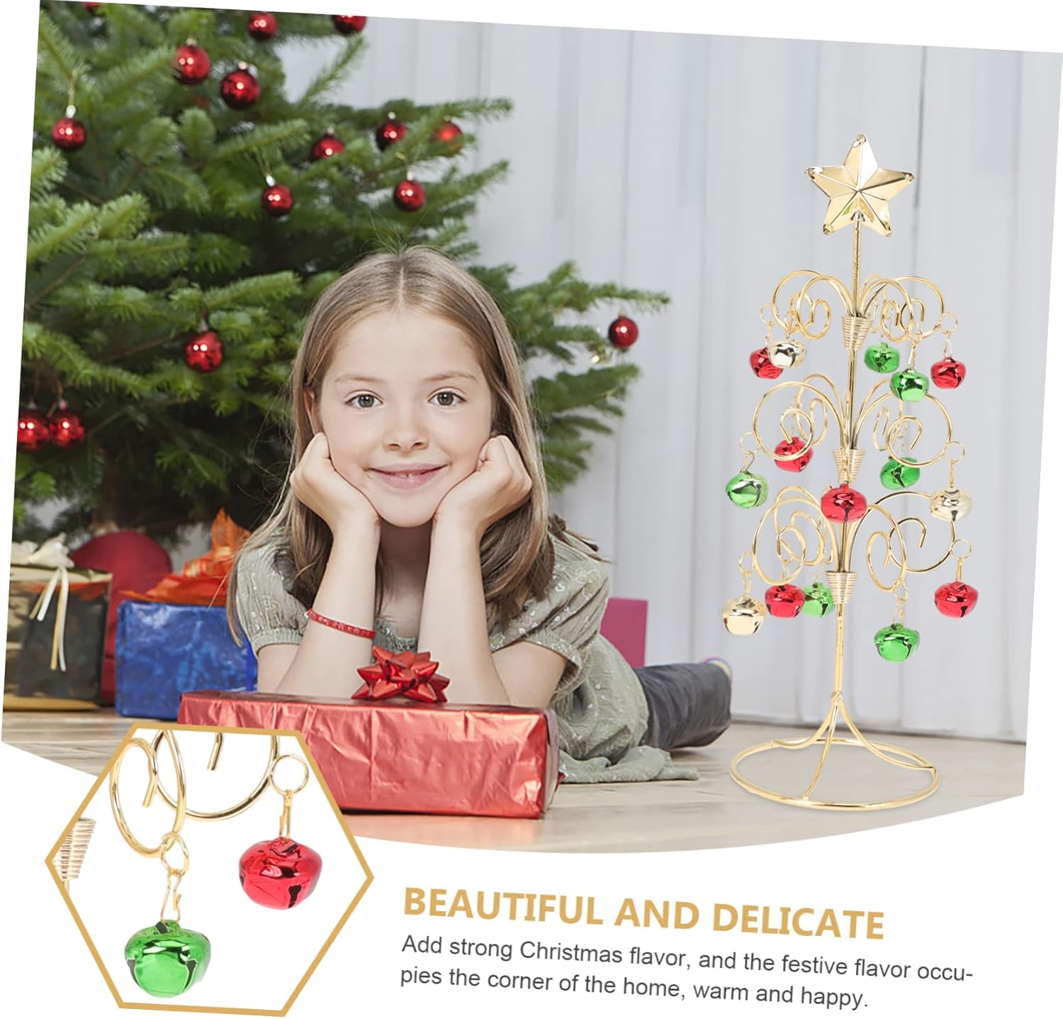 Metal Mini Christmas Tree Table Top Xmas Tree Gold Ornament and Lights image number 5