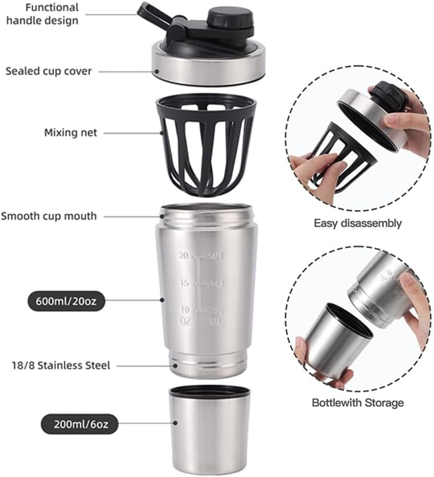 304 Stainless Steel Protein Mixer Cup, Single Layer Protein Shaker Bottle with Bottom Powder Storage, 2 Sections, Leak Proof Supplement Bottle with Detachable Strainer, Easy-Carry Handle [27Oz] image number 3