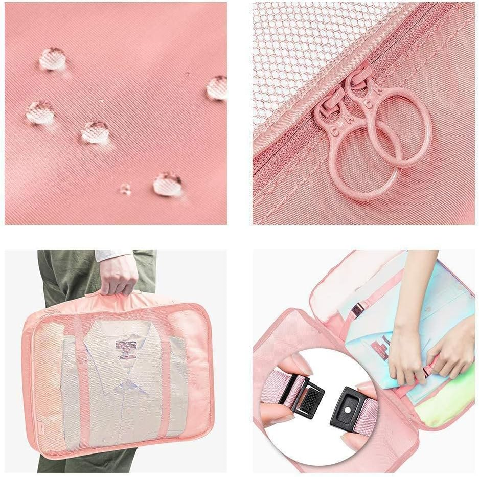 Packing Cubes for Travel, 7 Set Luggage Organizers with Shoe Bag, Electronics Bag, Cosmetics Bag, Accessories Bags Made with Wearable Waterproof Fabric (Pink) - Blue image number 2