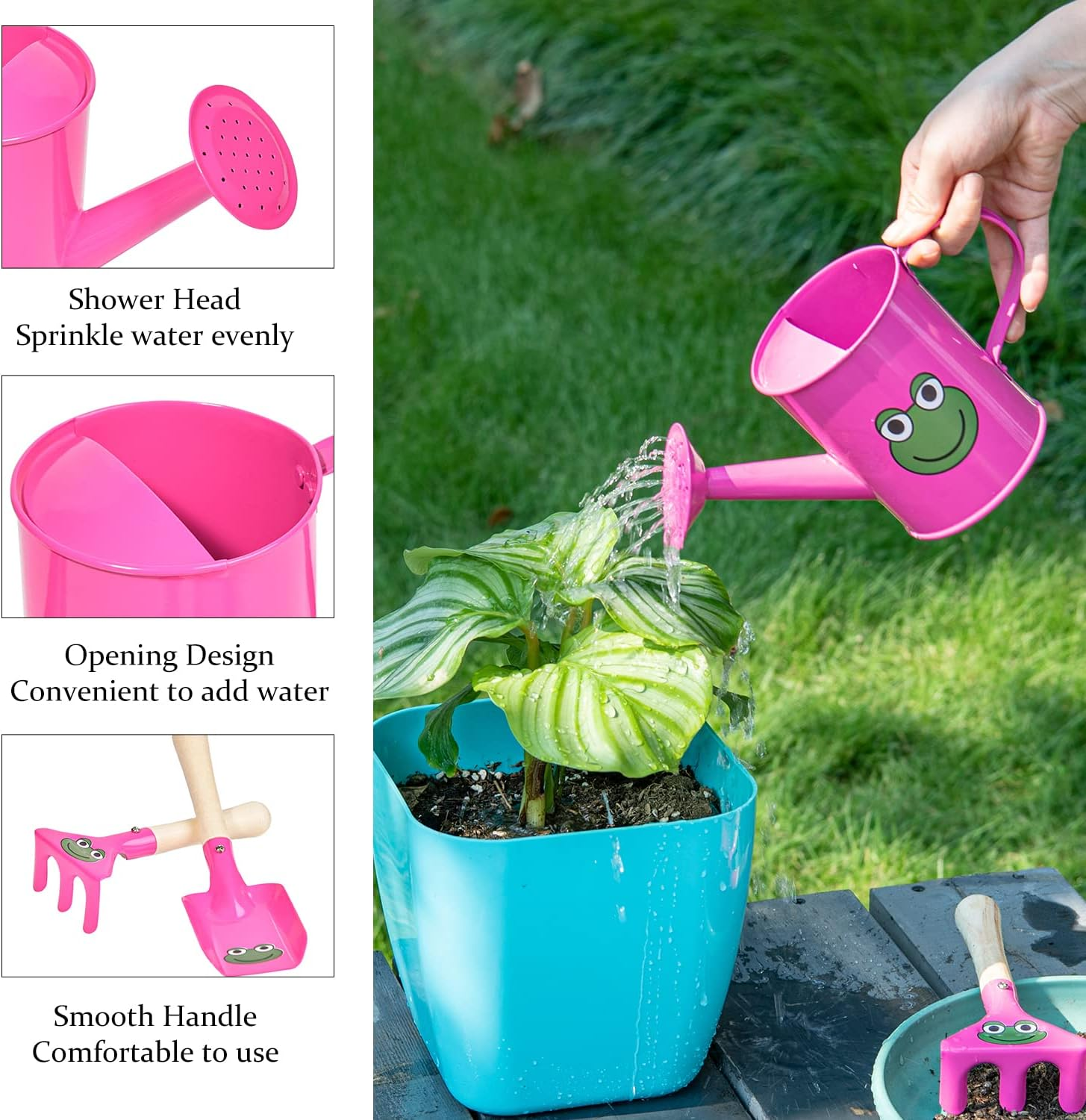 Sungmor Mini Garden Tools Set | Pretty & Cute Little Gardener Kit | Package Includes 3PC Rose Red Frog Watering Can & Trowel & Rake Gardening Hand Tools | Perfect for Play around Garden,Yard or Beach - Blue image number 5