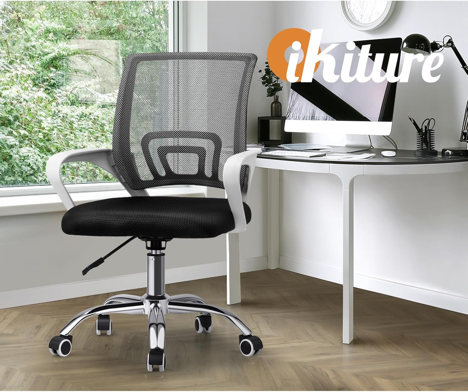 Oikiture Mesh Back Desk Chair with Lumbar Support and 150Kg Capacity Home Office Ergonomic Chair Armrest White and Black image number 3