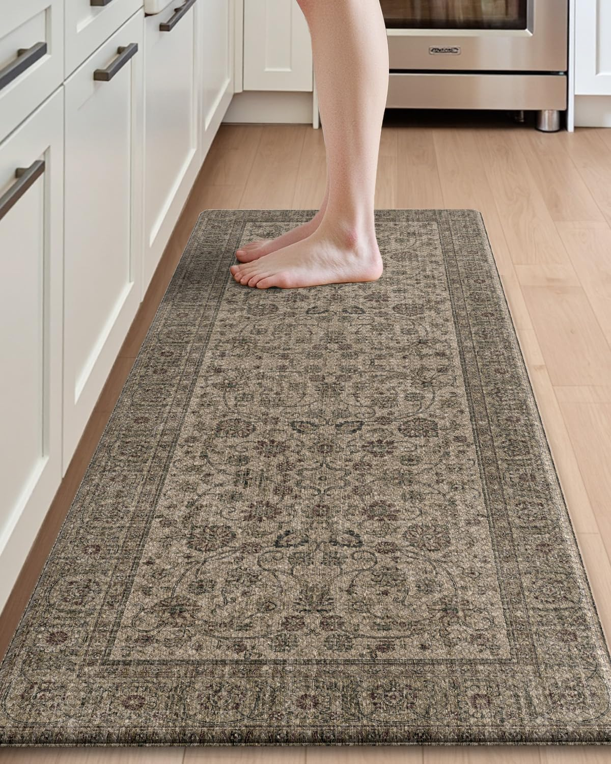 DEXI Kitchen Floor Mats anti Fatigue, Cushioned Waterproof Runner Rug Boho Floral, 23X59 Extra Wide Standing Padded Non Slip for Farmhouse, Cream and Red