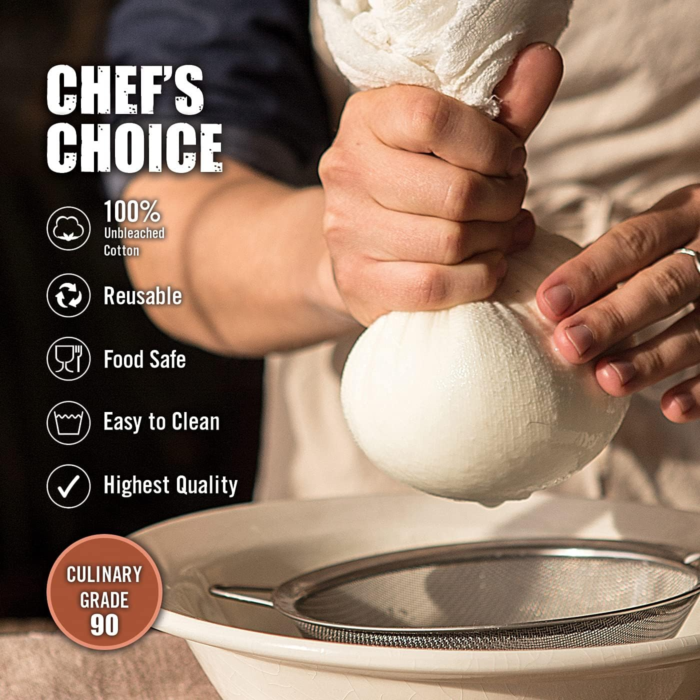 Fashion Track Cheesecloth for Straining, Grade 90 Muslin Cloth for Cooking, 100% Unbleached Cotton Fine Mesh Strainer for Jam Making, Nut Milk, Butter & Steaming - Reusable & Hemmed (50X50Cm - 2 Pcs) image number 2