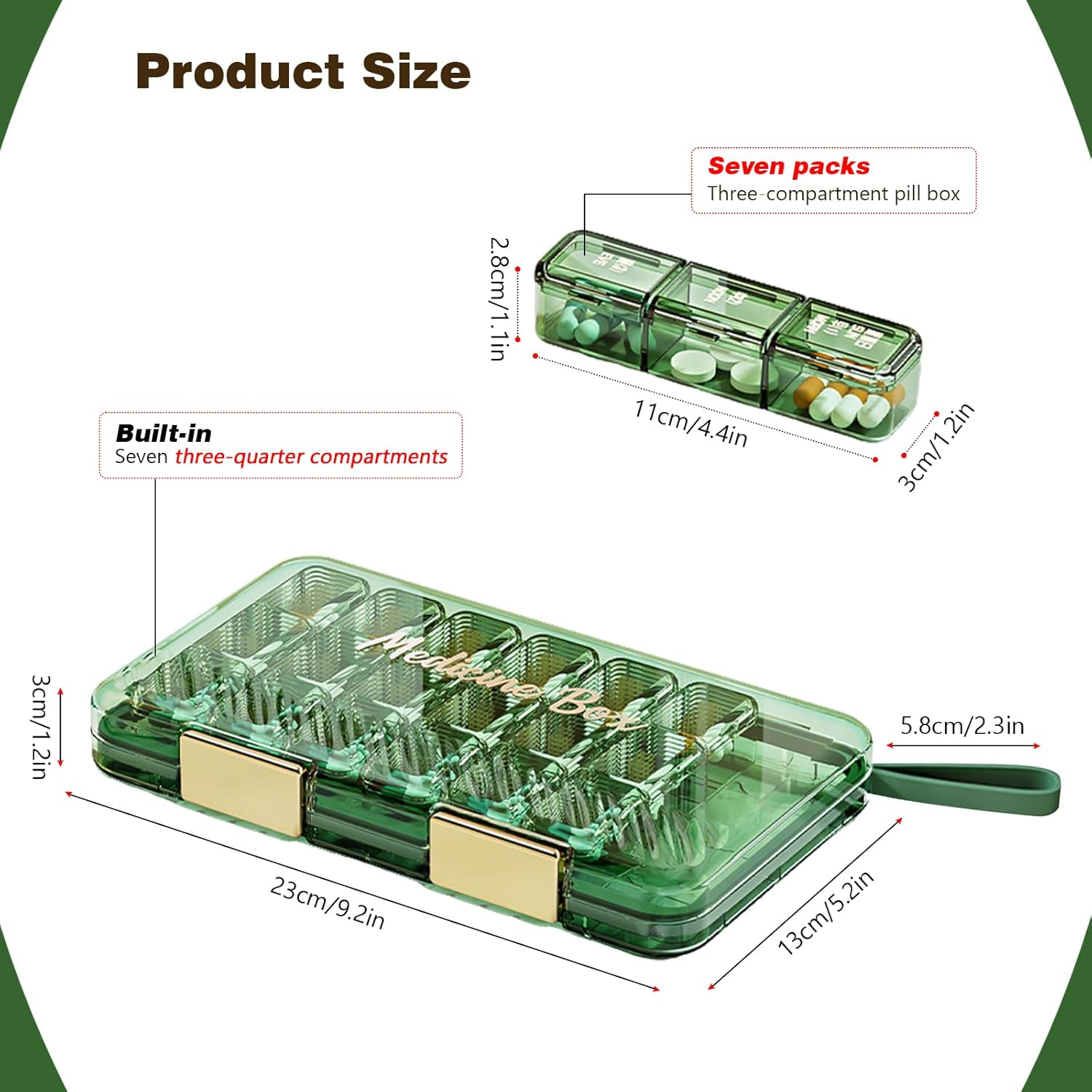 7-Day Pill Organiser Weekly |3-Times-A-Day| Portable Pill Box 7 Day (Green, 24X14X3Cm) - Green image number 5