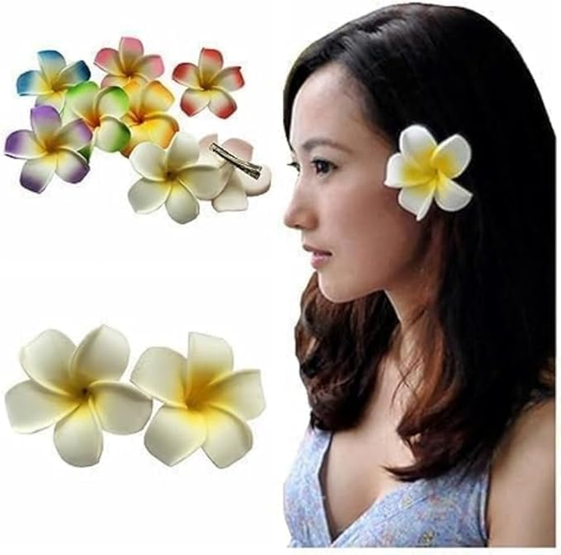 4 Pcs Hawaiian Frangipani Plumeria Foam Head Flower Party Beach Hair Clip,Hair Clips, 7Cm Clips and Barrettes, Hair Styling Accessories (White,Pink) image number 3