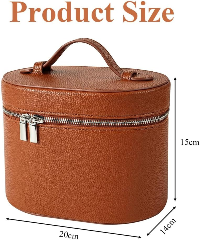 Makeup Bag with Handles, Premium round Leather Travel Cosmetic Organizer, Multi-Compartment Makeup Pouch for Women Girls (Khaki) image number 6