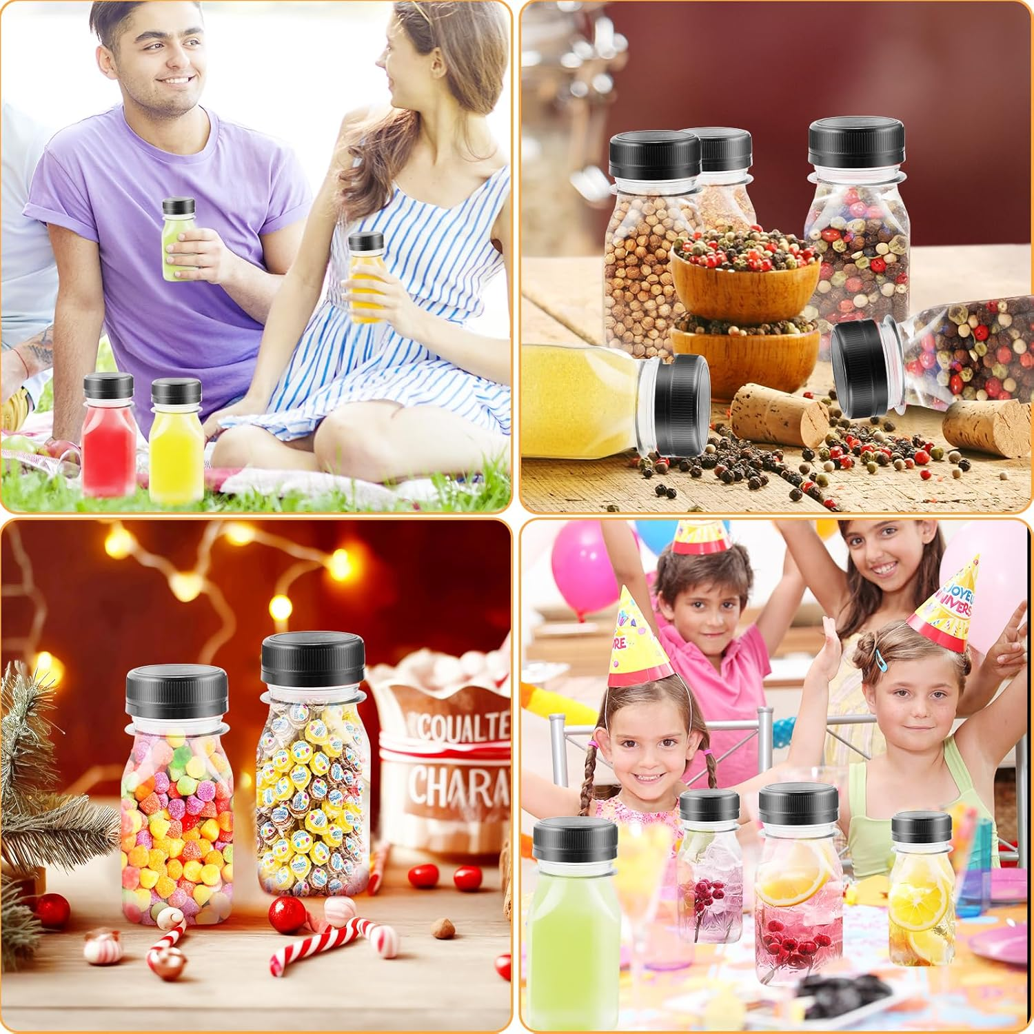 HXC Juice Bottles - 12 Pack 4Oz/120Ml Reusable Plastic Shot Bottles with Lids for Smoothie, Milk, or Juice Drinks - Includes Fruit Stickers image number 1