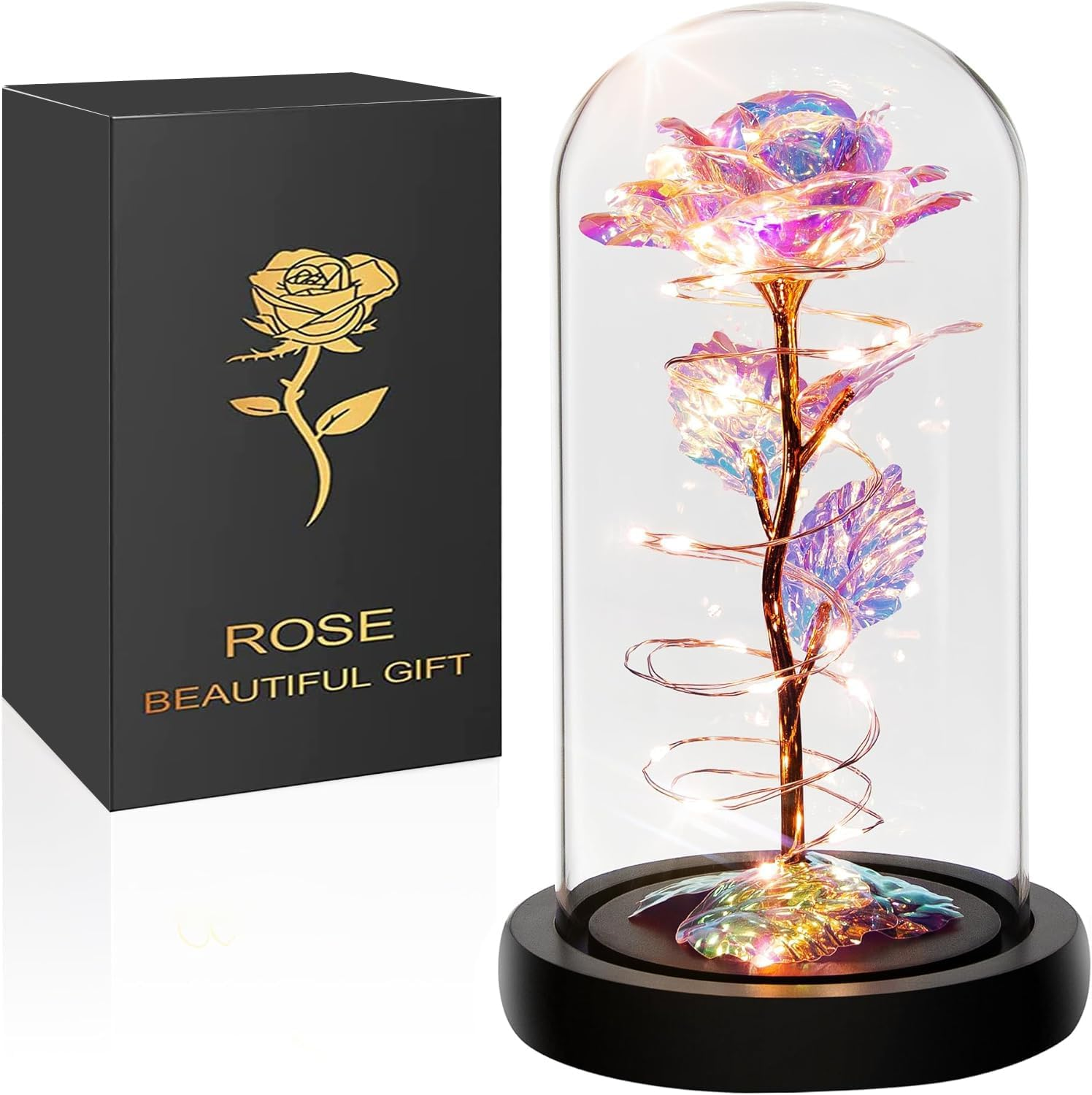Gifts for Women, Mothers Day Flowers Gifts for Mom from Daughter Son, Valentines, Colorful Rainbow Light up Rose in a Glass Dome Mom Birthday Presents for Her Wife Grandma (Colourful)