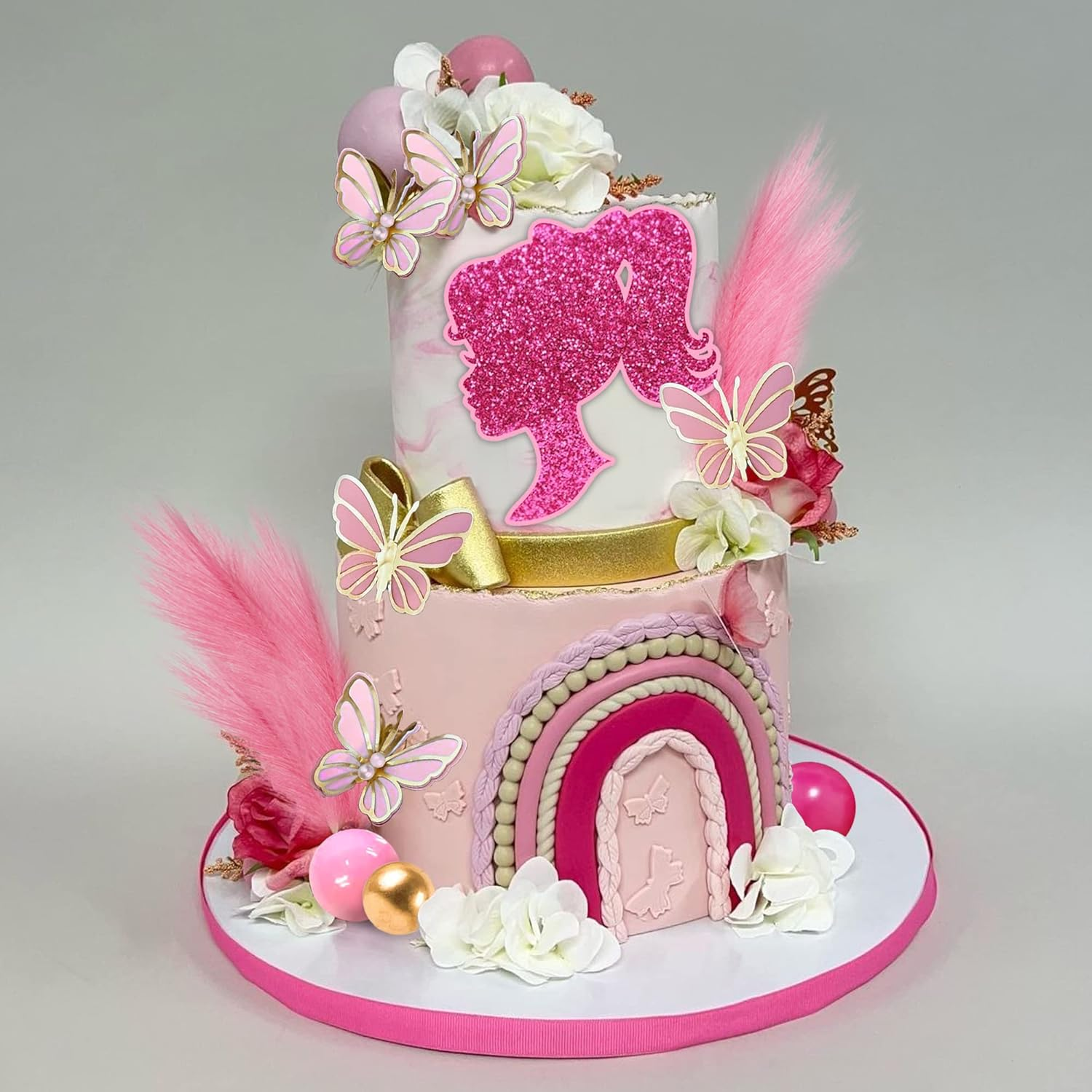 Hot Pink Girl Cake Topper Balls Cake Decorations with Shiny Stars for Wedding Baby Shower Birthday Supplies (Butterfly) image number 5