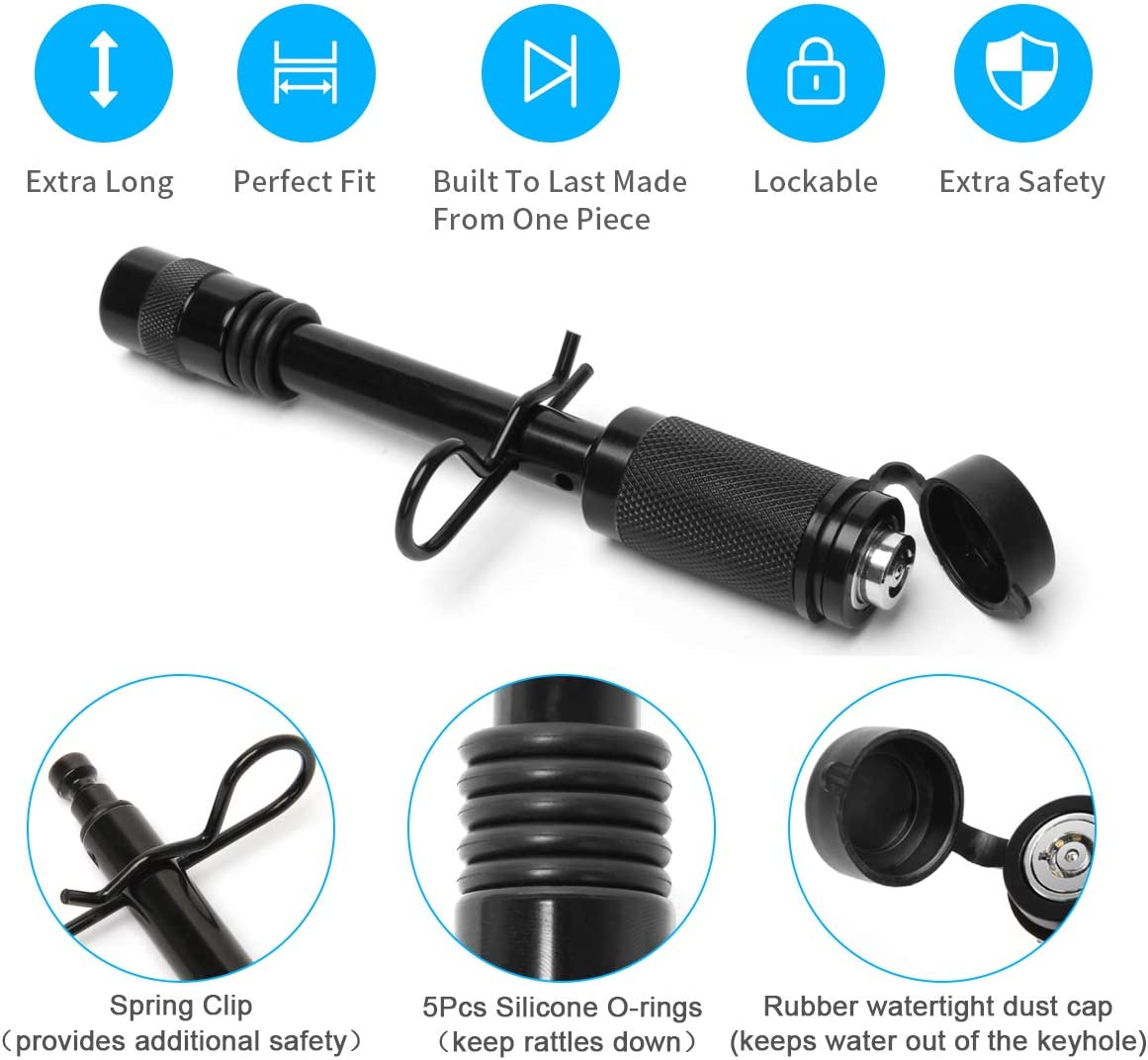 Coolrunner Trailer Hitch Lock Pin Set, 5/8" Extra Long Black Locking Hitch Pin, Heavy Duty Tow Hitch Receiver Lock with Anti-Rattle, Keys, Rubber Cap(5/8" Not Keyed Alike) image number 1