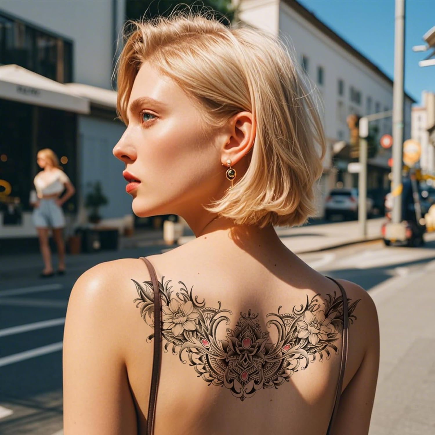 5 Sheets Chest Large Temporary Tattoo for Women, Abdomen Waist Back Fake Tattoos for Adults, Realistic Moth Flowers Tattoo Stickers, Body Scar Cover Belly Tattoos image number 1