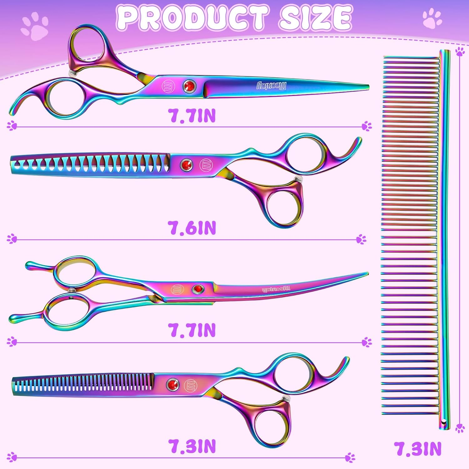 Moontay Professional 7.0" Pet Grooming Scissors Set, 4-Pieces 440C Japanese Steel Straight & Curved & Thinning & Chunker Shears/Scissors with 1 Grooming Comb for Dog Cat and More Pets, Multicolour image number 1