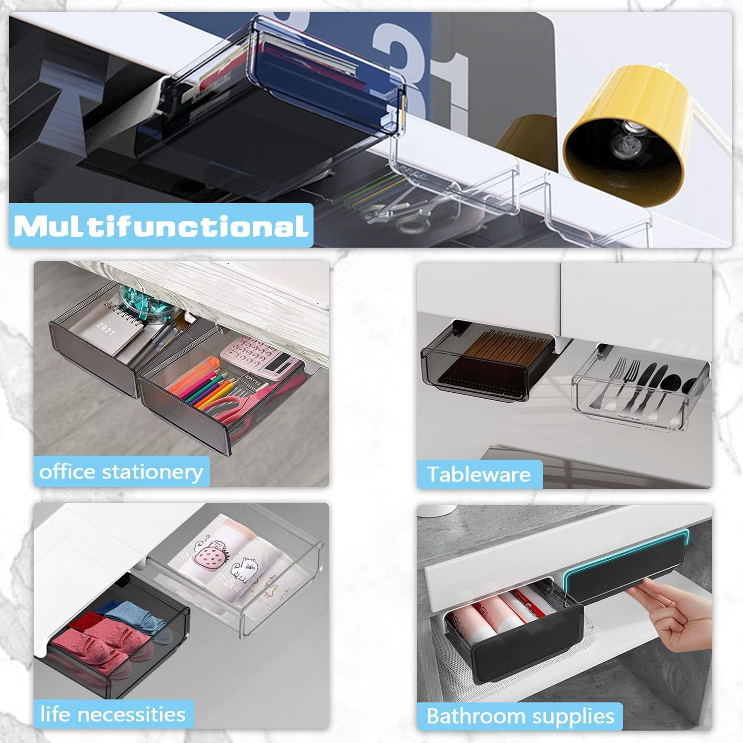 2 Pack Larger under Desk Drawer Organizer, Slide Out Desk Drawer, Clear Plastic Drawer under Desk for Office, School, Home, Hidden Desktop Organizer Pen Holder for Desk Self-Adhesive (BLACK) image number 1