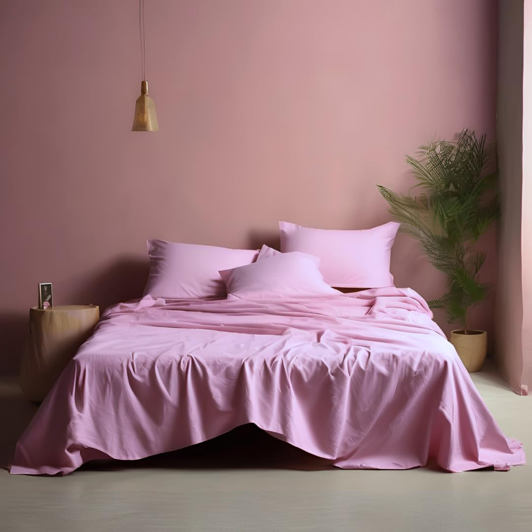 100% Cotton Bed Sheet Set &ndash; Includes Flat Sheet, Deep Fitted Sheet & 2 Pillowcases &ndash; Soft, Breathable & Natural Bedding &ndash; Queen/King Size &ndash; All Season, Machine Washable (Pink Lavender, King) image number 6
