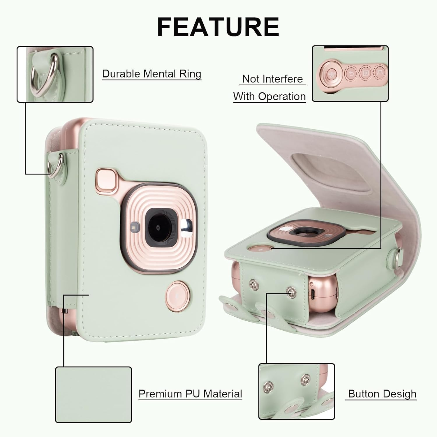 VOVMOEYA Protective Case for Instax Mini Liplay, PU Camera Case for Fuji Instax Mini Liplay Hybrid Instant Camera with 2 LCD Tempered Films with Adjustable Neck Strap, Quick Detachable, Matcha Green - Brown image number 2