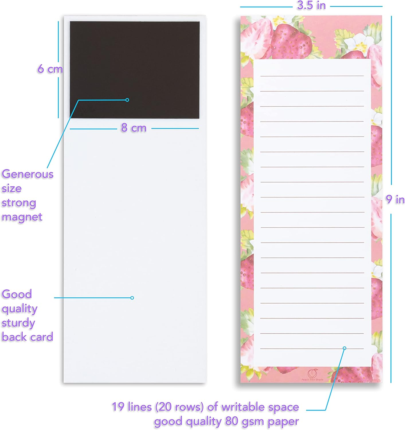 Magnetic Notepads, 2-Pack 60 Sheets per Pad 3.5&rdquo; X 9&rdquo;, for Fridge, Kitchen, Shopping, Grocery, To-Do List, Memo, Reminder, Book, Party, Stationery, (Fruitnotes Grapes & Strawberry)