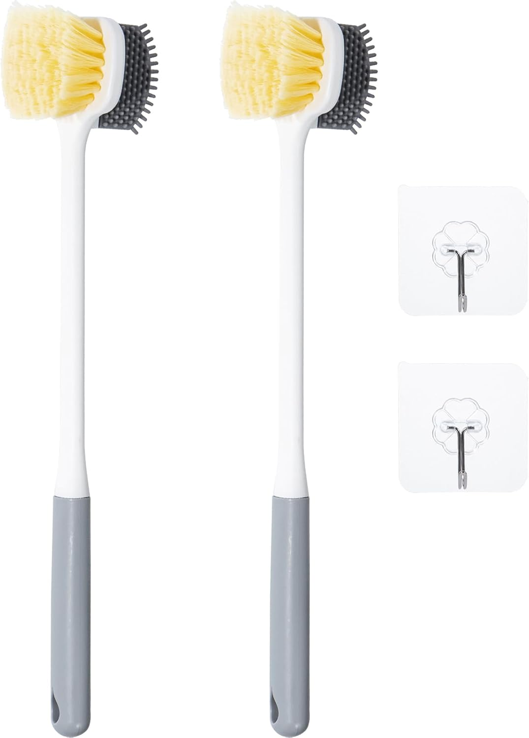 Beomeen 2 Pack Foot Scrubber Brush, Shower Foot Scrubber Long Handle for Toe Gap Cleaning, Double-Sided Silicone and Soft Bristle Scrub Brush for Skin Exfoliation, Seniors, Adults, Grey