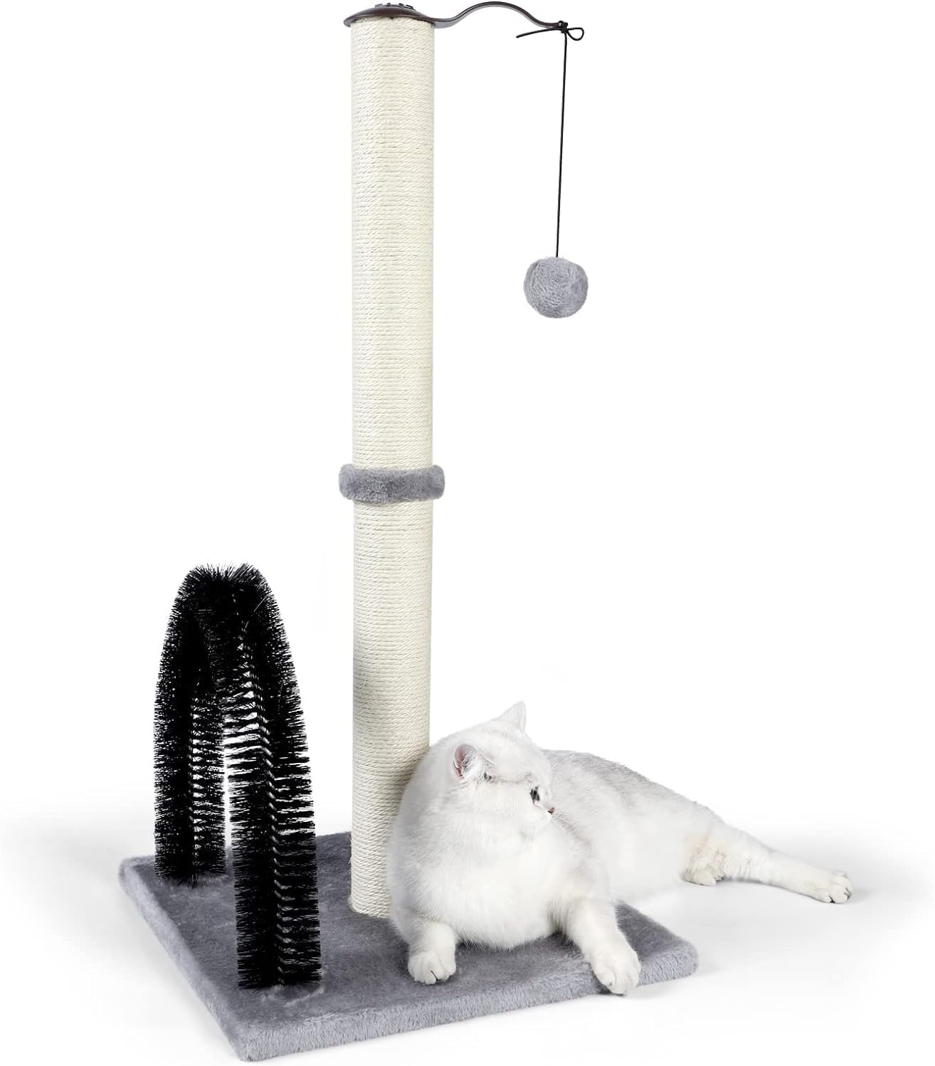 Tall Cat Scratching Post with Arch Self Groomer Massager, Scratching Post for Indoor Cats from Kitten to Adults, Stable Sisal Cat Post with Extra Interactive Dangling Plush Toy